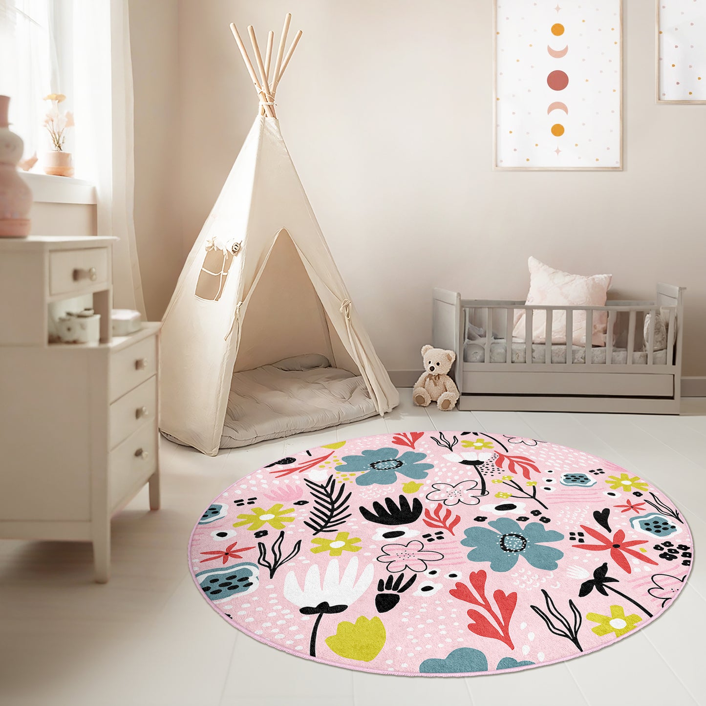 Colorful Flowers Design Washable Anti-Slip Kids Round Rug Multifunction as Non Slip Play Mat - Perfect for Bedrooms, Playrooms & Nurseries - Durable, Safe, & Easy to Clean for Boys & Girls 316