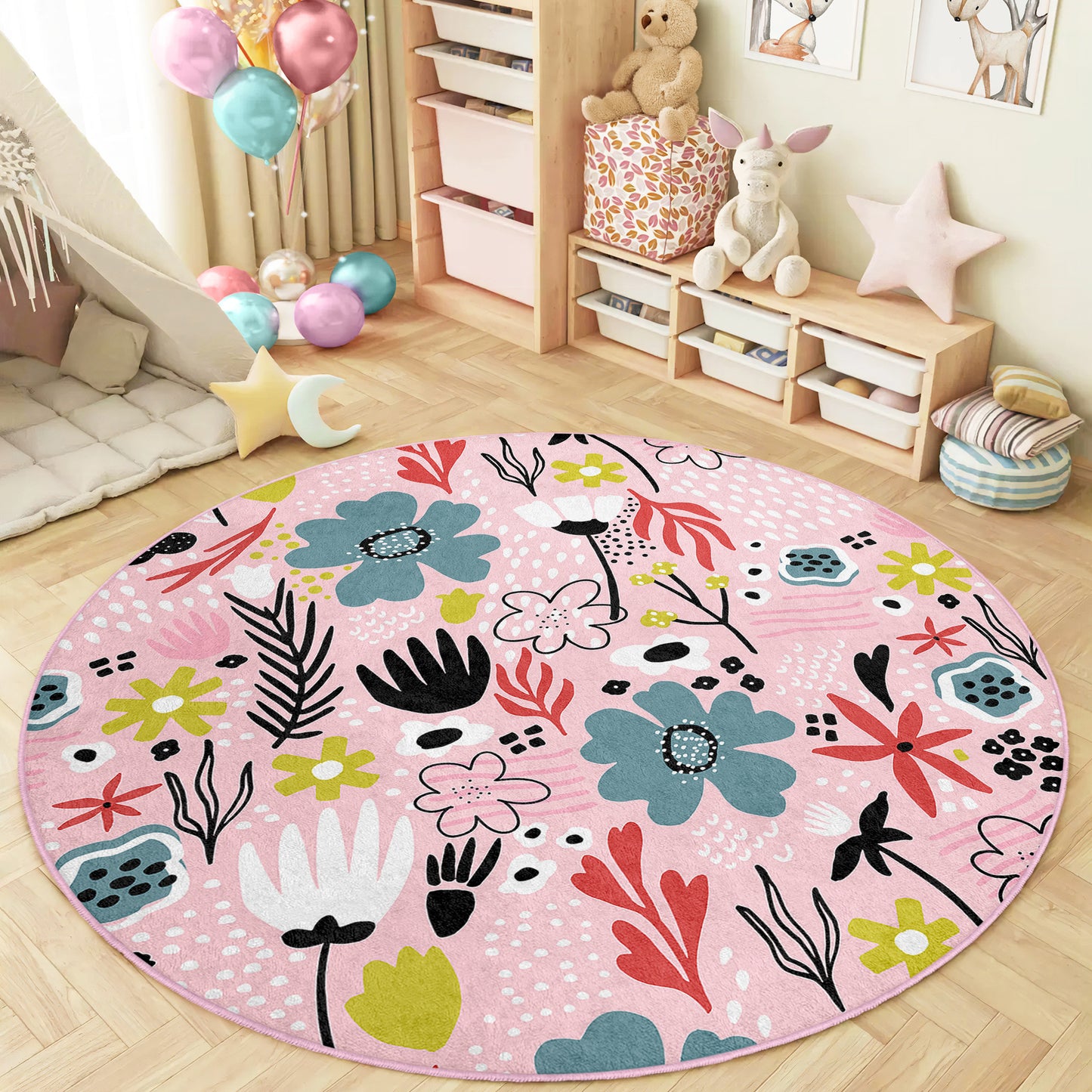 Colorful Flowers Design Washable Anti-Slip Kids Round Rug Multifunction as Non Slip Play Mat - Perfect for Bedrooms, Playrooms & Nurseries - Durable, Safe, & Easy to Clean for Boys & Girls 316