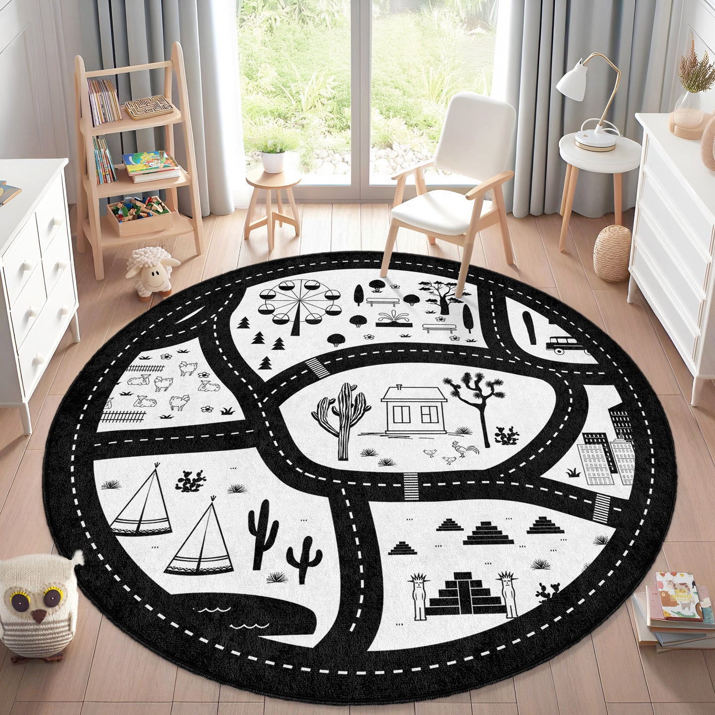 Black And White Minimalist Navy Design Washable Anti-Slip Kids Round Rug Multifunction as Non Slip Play Mat - Perfect for Bedrooms, Playrooms & Nurseries - Durable, Safe, & Easy to Clean for Boys & Girls 317