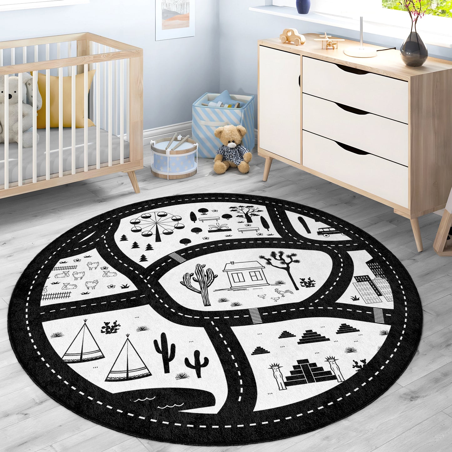 Black And White Minimalist Navy Design Washable Anti-Slip Kids Round Rug Multifunction as Non Slip Play Mat - Perfect for Bedrooms, Playrooms & Nurseries - Durable, Safe, & Easy to Clean for Boys & Girls 317