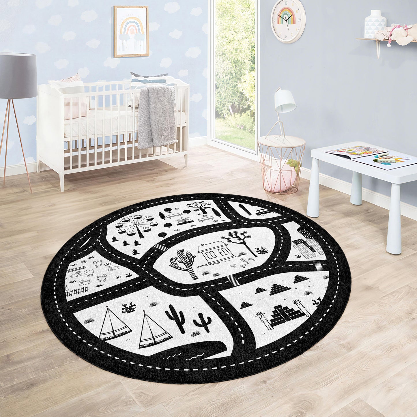 Black And White Minimalist Navy Design Washable Anti-Slip Kids Round Rug Multifunction as Non Slip Play Mat - Perfect for Bedrooms, Playrooms & Nurseries - Durable, Safe, & Easy to Clean for Boys & Girls 317