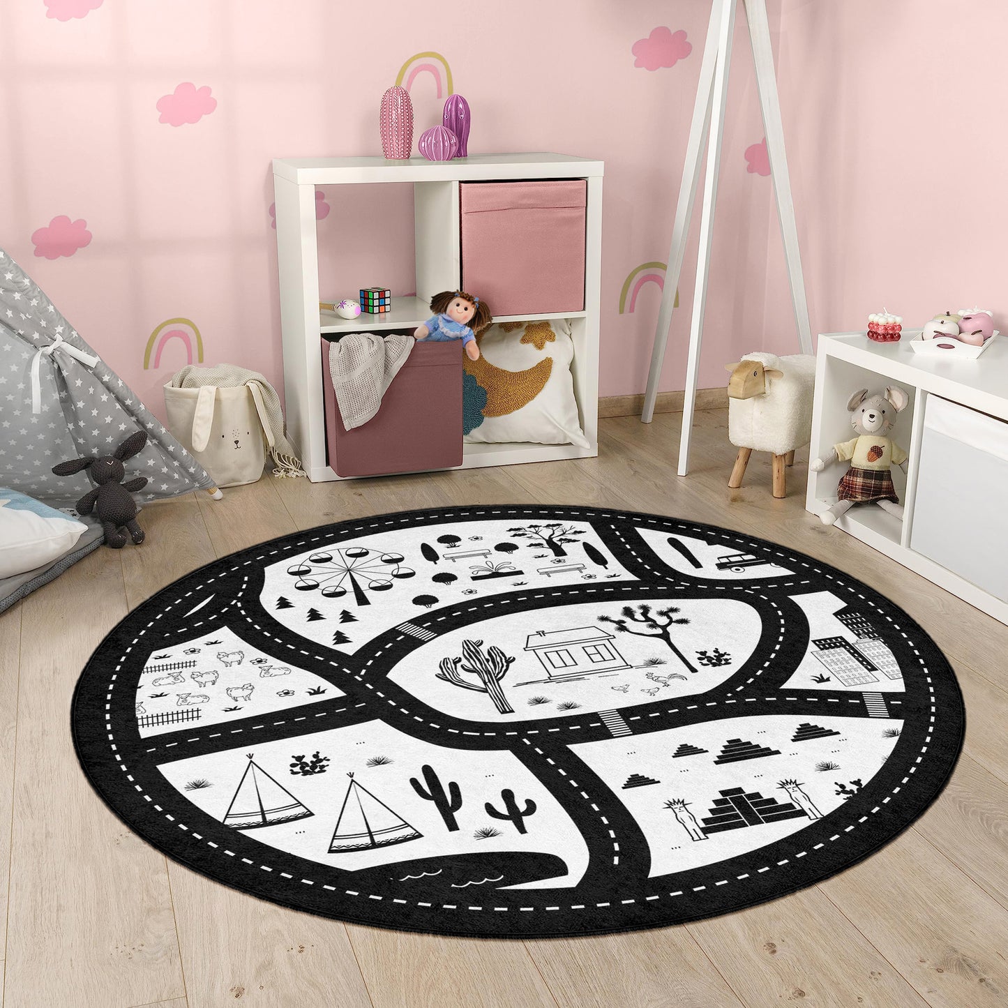 Black And White Minimalist Navy Design Washable Anti-Slip Kids Round Rug Multifunction as Non Slip Play Mat - Perfect for Bedrooms, Playrooms & Nurseries - Durable, Safe, & Easy to Clean for Boys & Girls 317