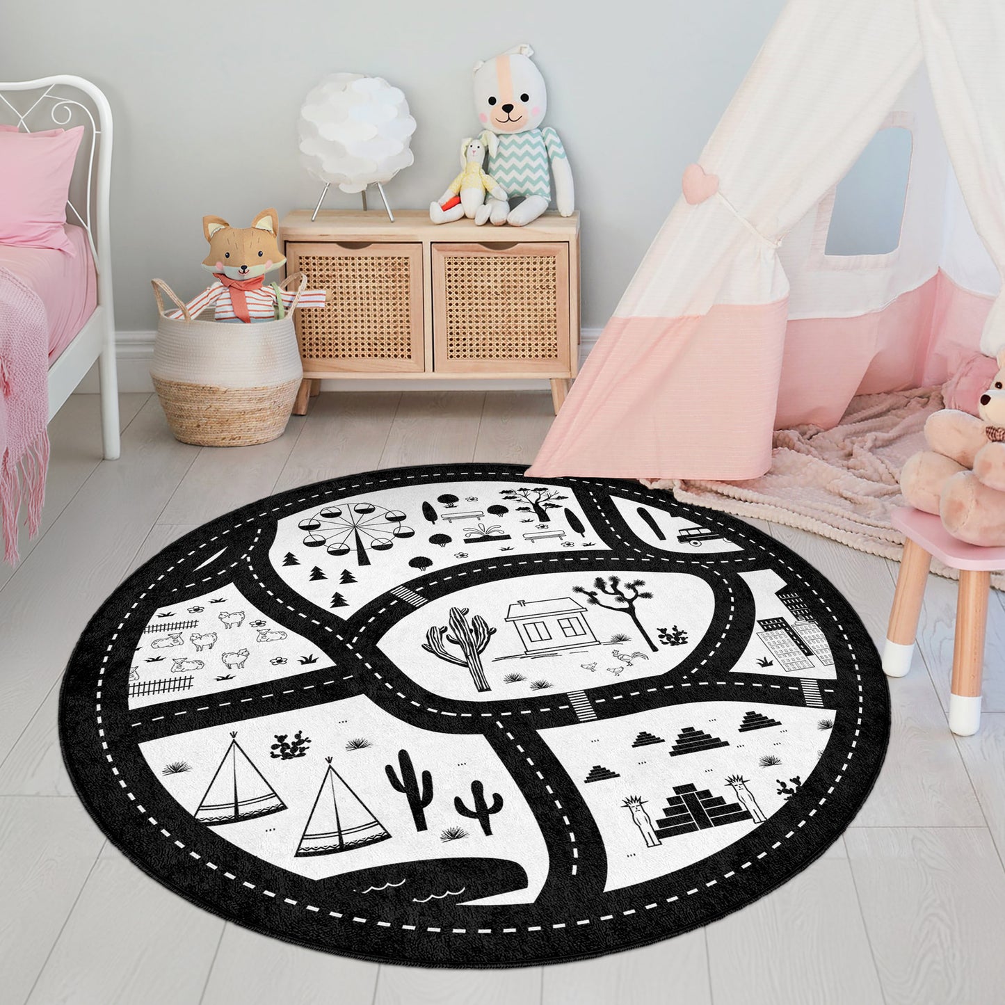 Black And White Minimalist Navy Design Washable Anti-Slip Kids Round Rug Multifunction as Non Slip Play Mat - Perfect for Bedrooms, Playrooms & Nurseries - Durable, Safe, & Easy to Clean for Boys & Girls 317