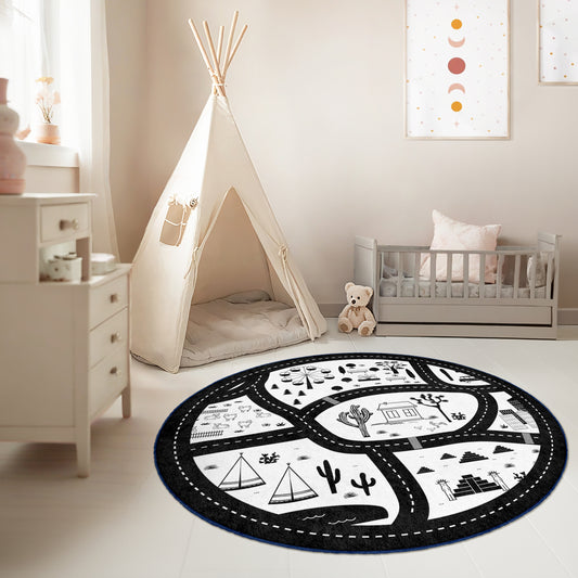 Black And White Minimalist Navy Design Washable Anti-Slip Kids Round Rug Multifunction as Non Slip Play Mat - Perfect for Bedrooms, Playrooms & Nurseries - Durable, Safe, & Easy to Clean for Boys & Girls 317