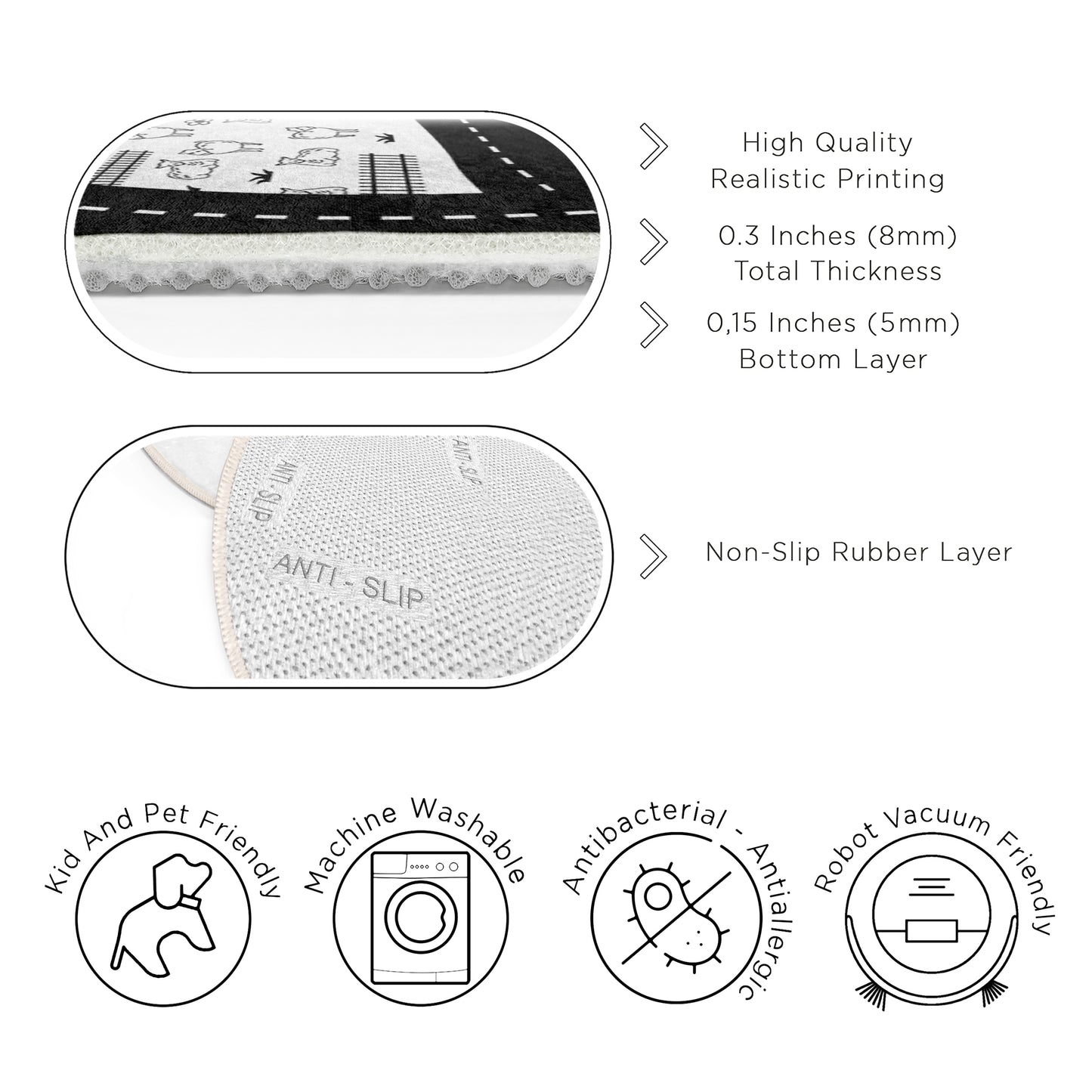 Black And White Minimalist Navy Design Washable Anti-Slip Kids Round Rug Multifunction as Non Slip Play Mat - Perfect for Bedrooms, Playrooms & Nurseries - Durable, Safe, & Easy to Clean for Boys & Girls 317