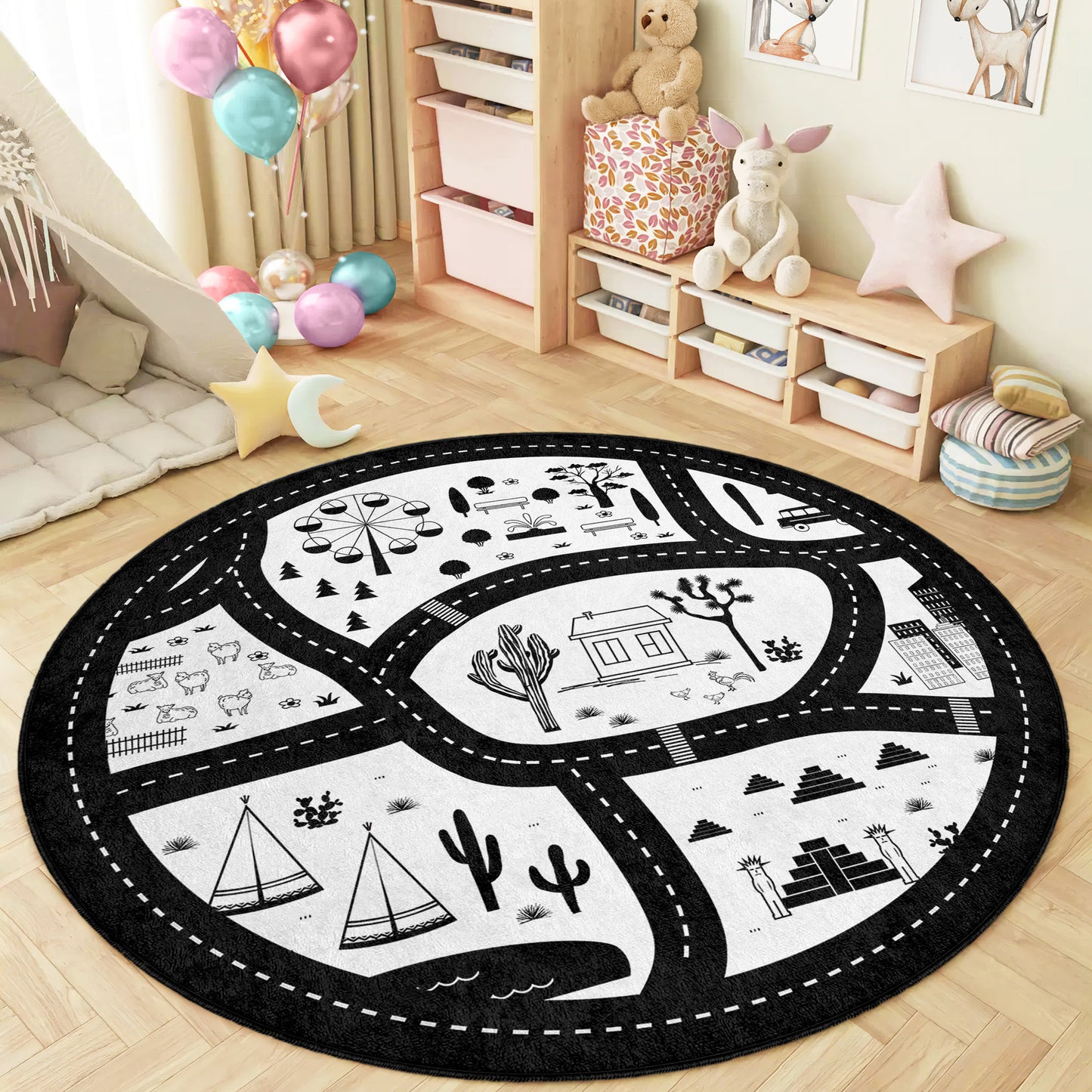 Black And White Minimalist Navy Design Washable Anti-Slip Kids Round Rug Multifunction as Non Slip Play Mat - Perfect for Bedrooms, Playrooms & Nurseries - Durable, Safe, & Easy to Clean for Boys & Girls 317