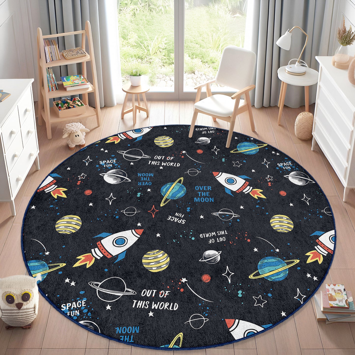 Galaxy Journey to the Milky Way Planets with Rockets Design Washable Anti-Slip Kids Round Rug Multifunction as Non Slip Play Mat - Perfect for Bedrooms, Playrooms & Nurseries - Durable, Safe, & Easy to Clean for Boys & Girls 318