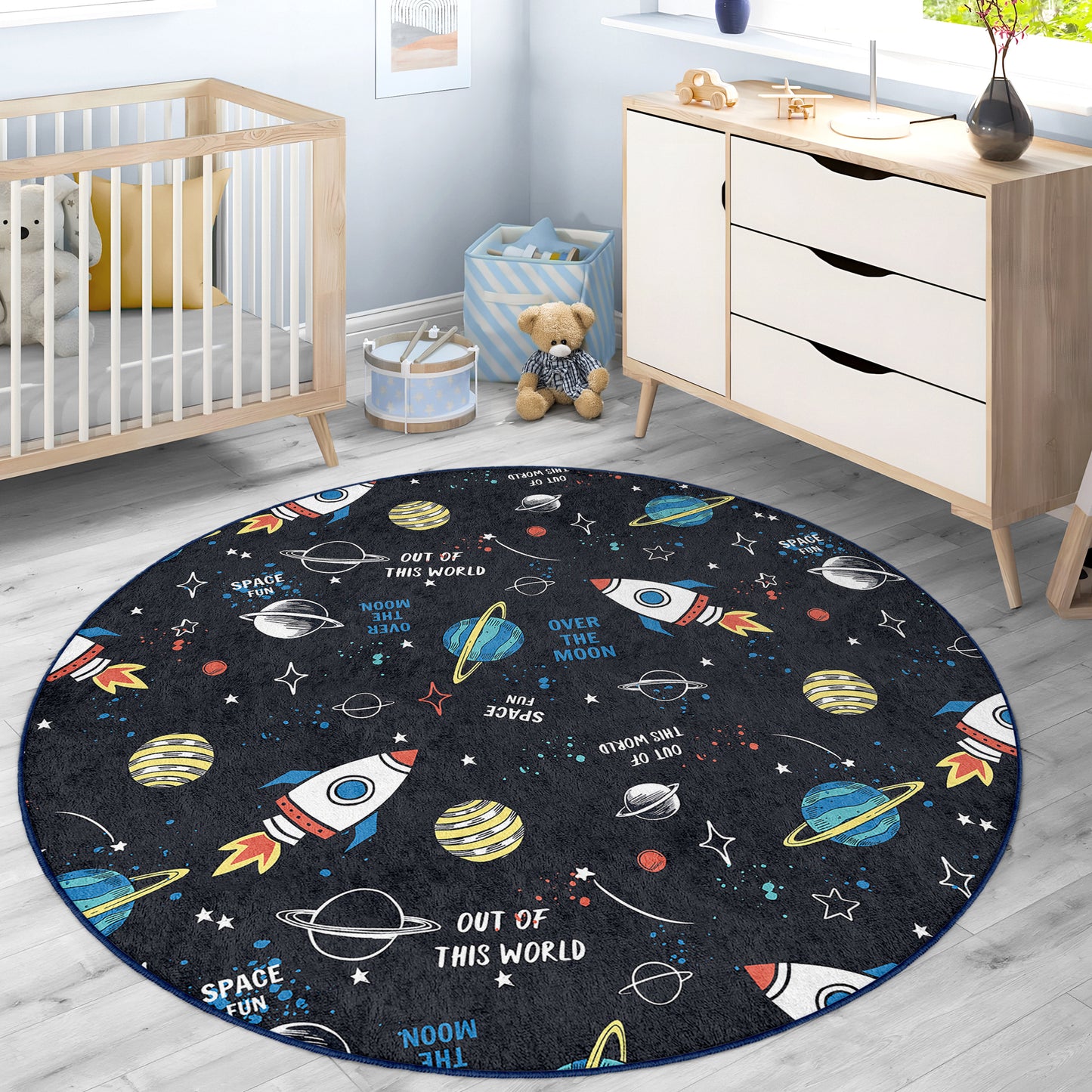Galaxy Journey to the Milky Way Planets with Rockets Design Washable Anti-Slip Kids Round Rug Multifunction as Non Slip Play Mat - Perfect for Bedrooms, Playrooms & Nurseries - Durable, Safe, & Easy to Clean for Boys & Girls 318