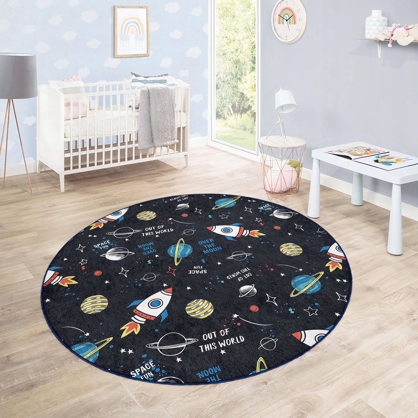Galaxy Journey to the Milky Way Planets with Rockets Design Washable Anti-Slip Kids Round Rug Multifunction as Non Slip Play Mat - Perfect for Bedrooms, Playrooms & Nurseries - Durable, Safe, & Easy to Clean for Boys & Girls 318