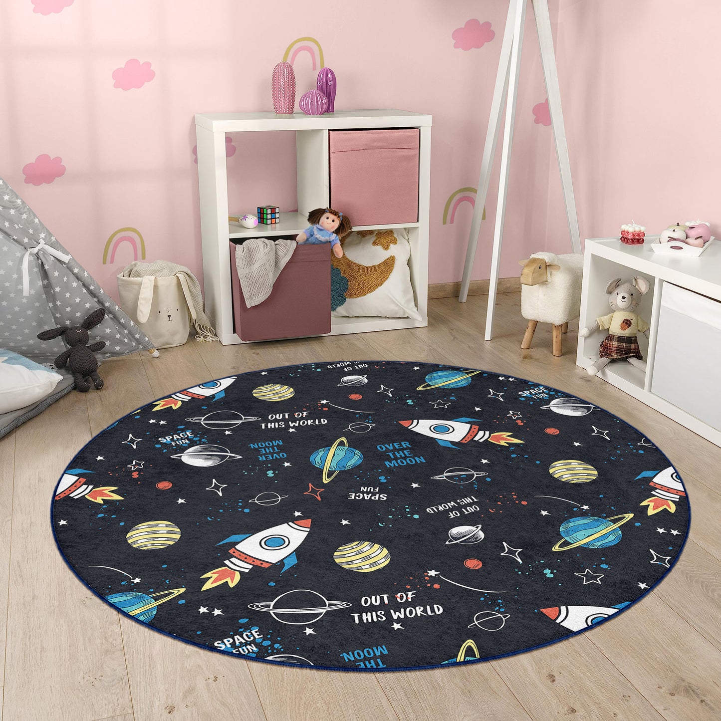 Galaxy Journey to the Milky Way Planets with Rockets Design Washable Anti-Slip Kids Round Rug Multifunction as Non Slip Play Mat - Perfect for Bedrooms, Playrooms & Nurseries - Durable, Safe, & Easy to Clean for Boys & Girls 318