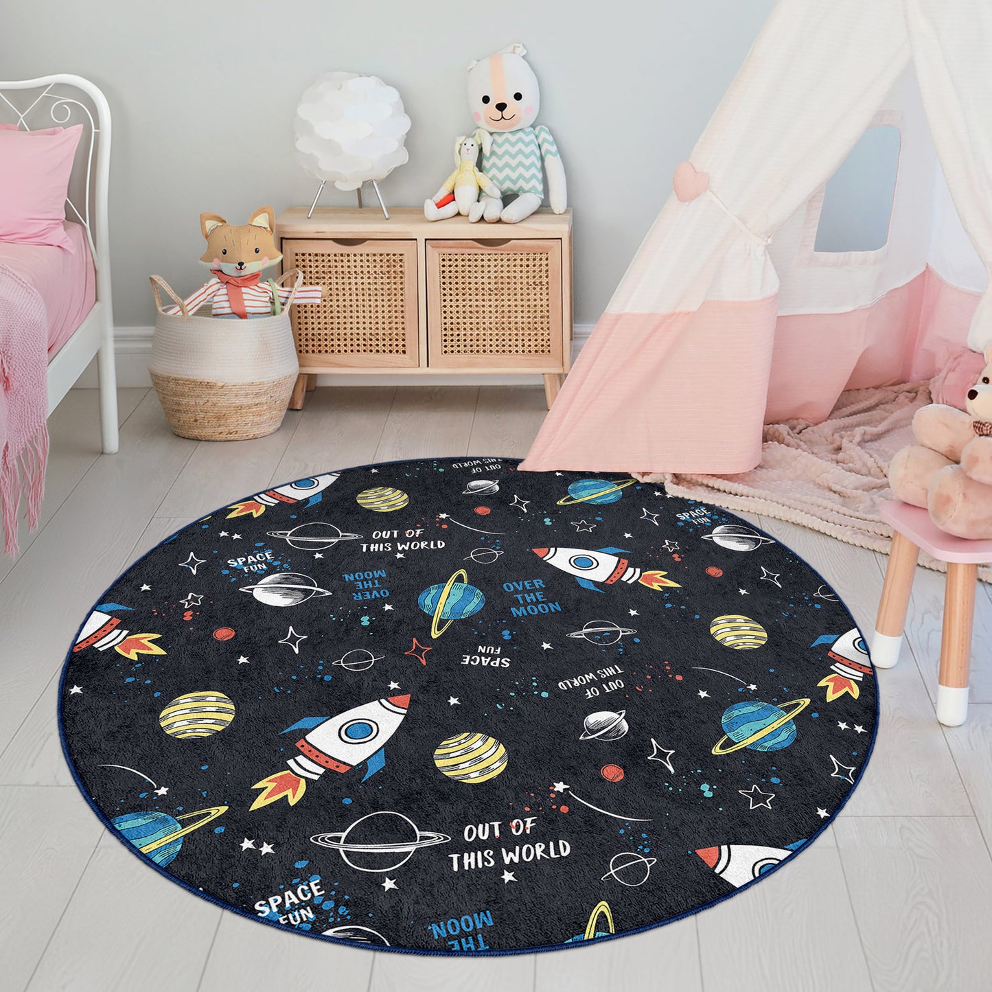 Galaxy Journey to the Milky Way Planets with Rockets Design Washable Anti-Slip Kids Round Rug Multifunction as Non Slip Play Mat - Perfect for Bedrooms, Playrooms & Nurseries - Durable, Safe, & Easy to Clean for Boys & Girls 318