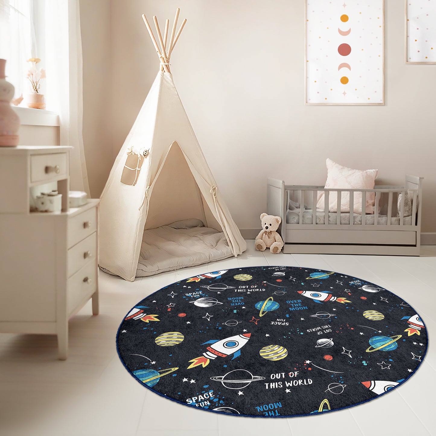 Galaxy Journey to the Milky Way Planets with Rockets Design Washable Anti-Slip Kids Round Rug Multifunction as Non Slip Play Mat - Perfect for Bedrooms, Playrooms & Nurseries - Durable, Safe, & Easy to Clean for Boys & Girls 318