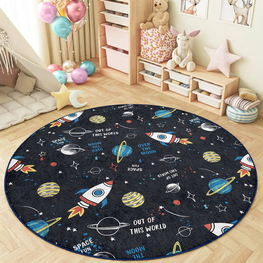 Galaxy Journey to the Milky Way Planets with Rockets Design Washable Anti-Slip Kids Round Rug Multifunction as Non Slip Play Mat - Perfect for Bedrooms, Playrooms & Nurseries - Durable, Safe, & Easy to Clean for Boys & Girls 318