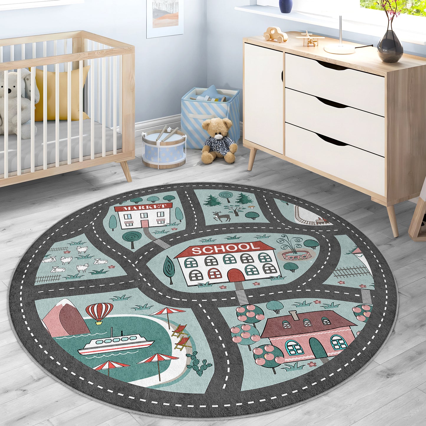 Journey to the School Way with Navy Design Washable Anti-Slip Kids Round Rug Multifunction as Non Slip Play Mat - Perfect for Bedrooms, Playrooms & Nurseries - Durable, Safe, & Easy to Clean for Boys & Girls 319