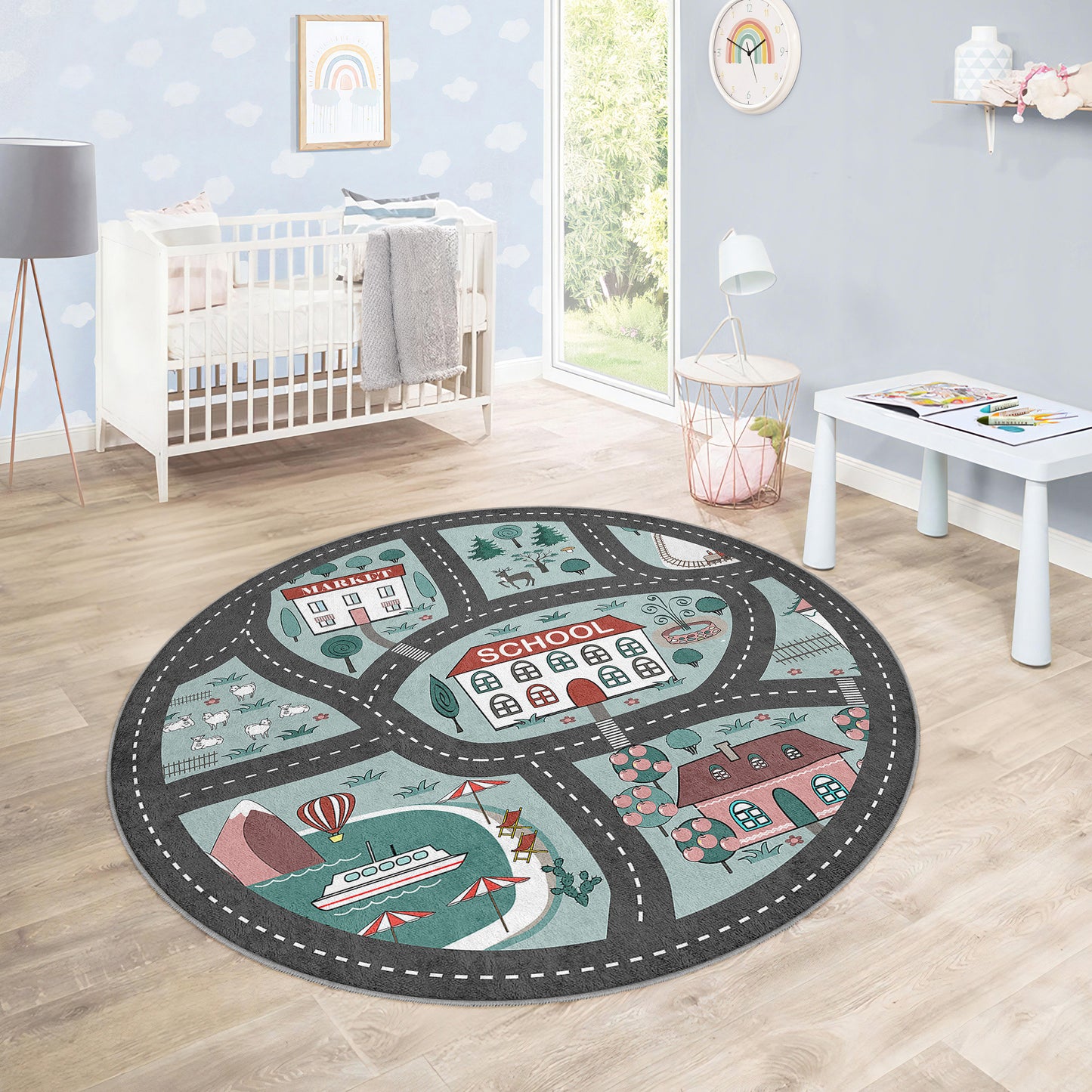 Journey to the School Way with Navy Design Washable Anti-Slip Kids Round Rug Multifunction as Non Slip Play Mat - Perfect for Bedrooms, Playrooms & Nurseries - Durable, Safe, & Easy to Clean for Boys & Girls 319