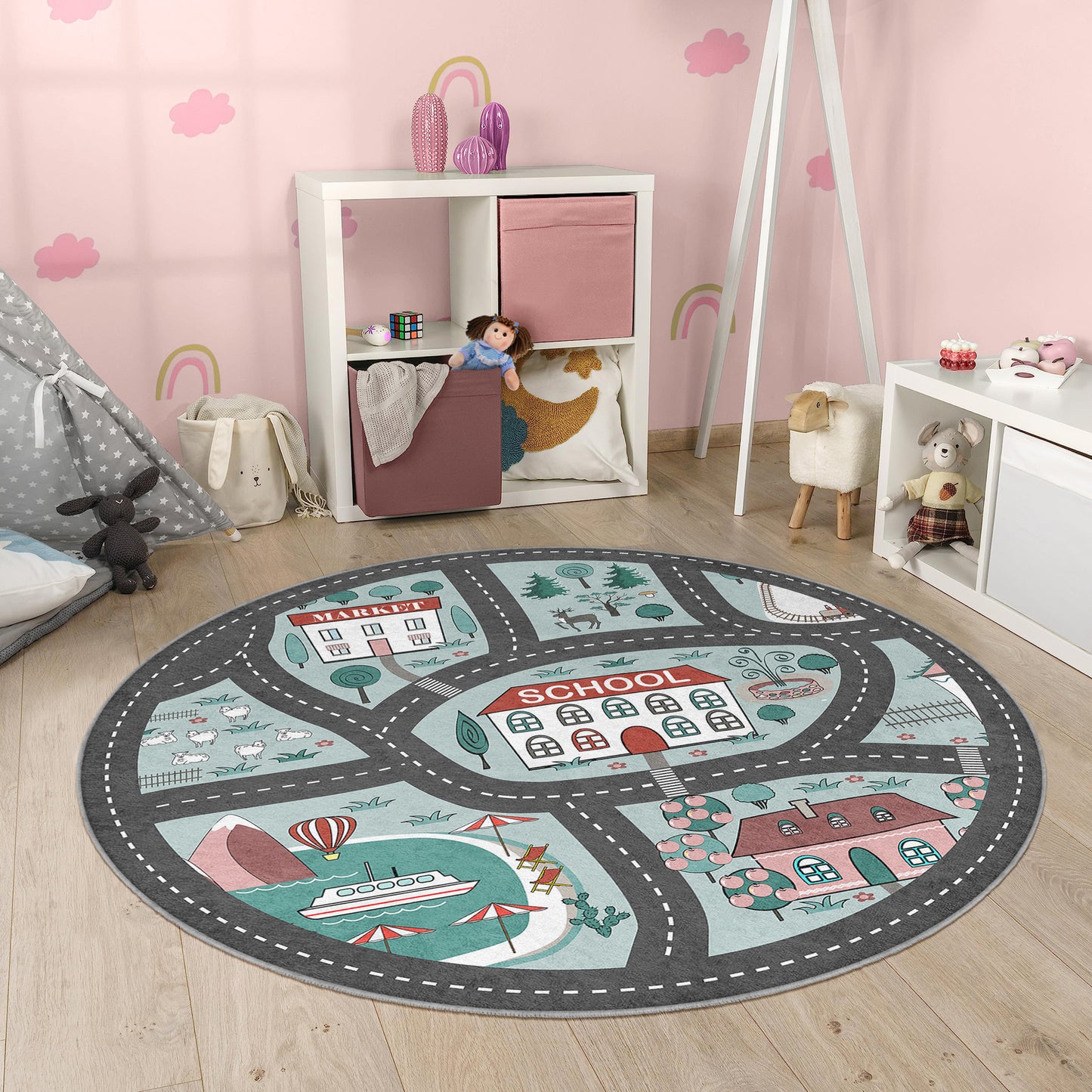 Journey to the School Way with Navy Design Washable Anti-Slip Kids Round Rug Multifunction as Non Slip Play Mat - Perfect for Bedrooms, Playrooms & Nurseries - Durable, Safe, & Easy to Clean for Boys & Girls 319