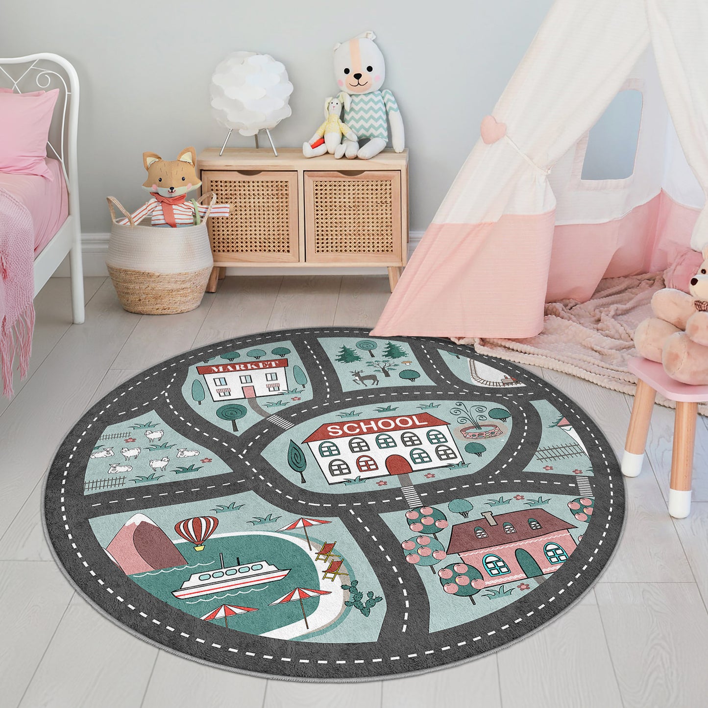 Journey to the School Way with Navy Design Washable Anti-Slip Kids Round Rug Multifunction as Non Slip Play Mat - Perfect for Bedrooms, Playrooms & Nurseries - Durable, Safe, & Easy to Clean for Boys & Girls 319