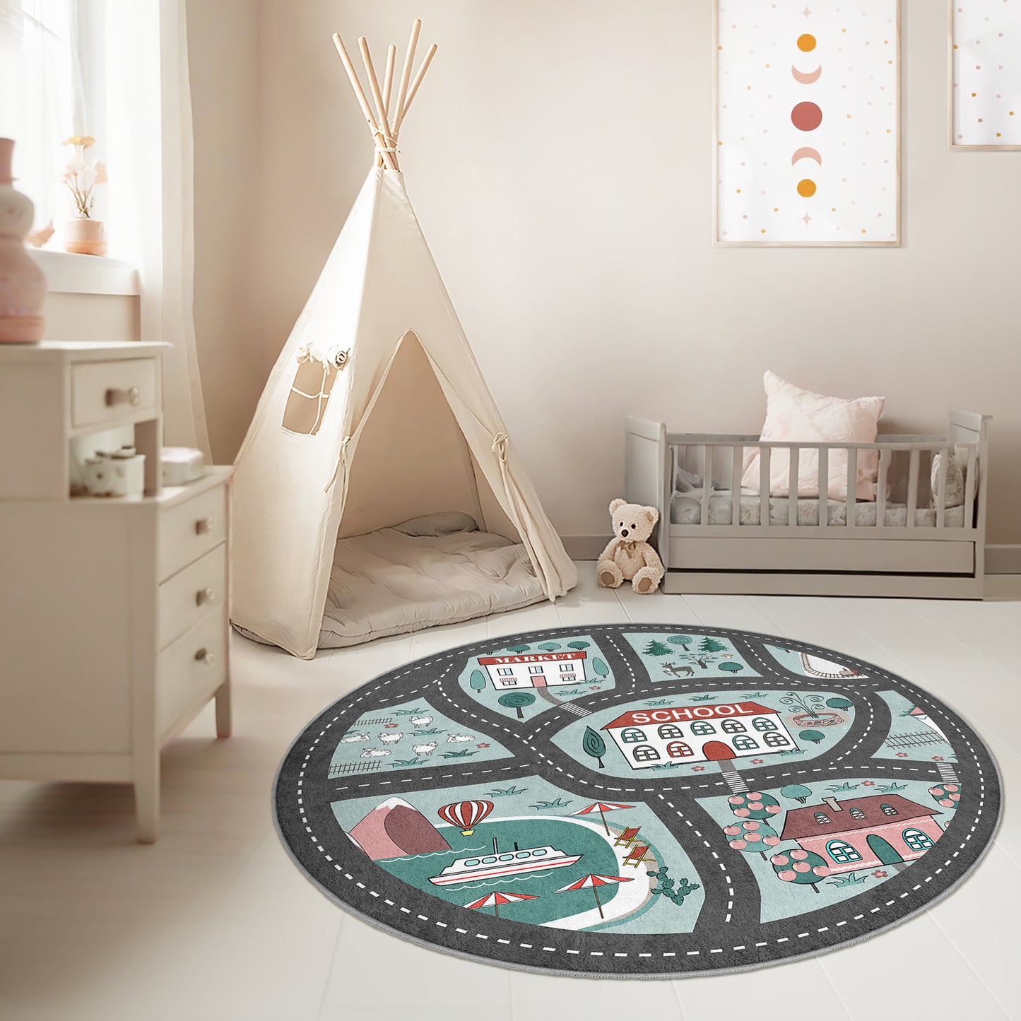 Journey to the School Way with Navy Design Washable Anti-Slip Kids Round Rug Multifunction as Non Slip Play Mat - Perfect for Bedrooms, Playrooms & Nurseries - Durable, Safe, & Easy to Clean for Boys & Girls 319
