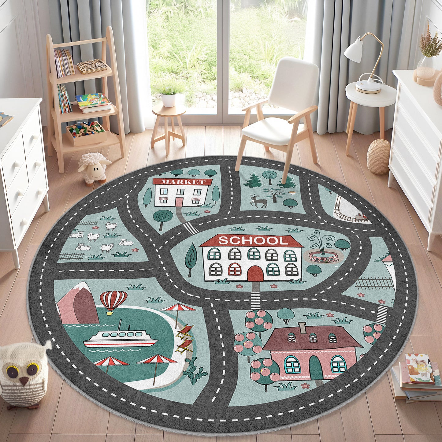 Journey to the School Way with Navy Design Washable Anti-Slip Kids Round Rug Multifunction as Non Slip Play Mat - Perfect for Bedrooms, Playrooms & Nurseries - Durable, Safe, & Easy to Clean for Boys & Girls 319