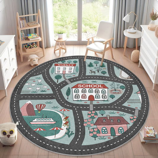 Journey to the School Way with Navy Design Washable Anti-Slip Kids Round Rug Multifunction as Non Slip Play Mat - Perfect for Bedrooms, Playrooms & Nurseries - Durable, Safe, & Easy to Clean for Boys & Girls 319