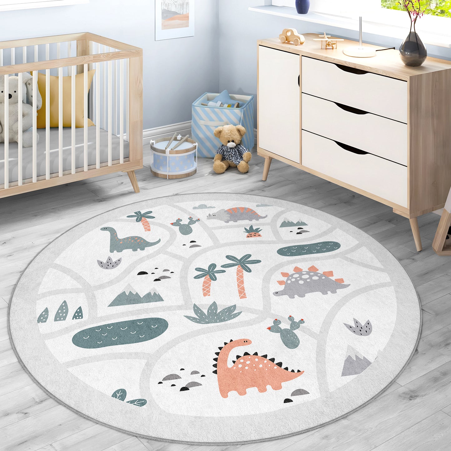 Dinosour Wild Jungle Design Washable Anti-Slip Kids Round Rug Multifunction as Non Slip Play Mat - Perfect for Bedrooms, Playrooms & Nurseries - Durable, Safe, & Easy to Clean for Boys & Girls 320