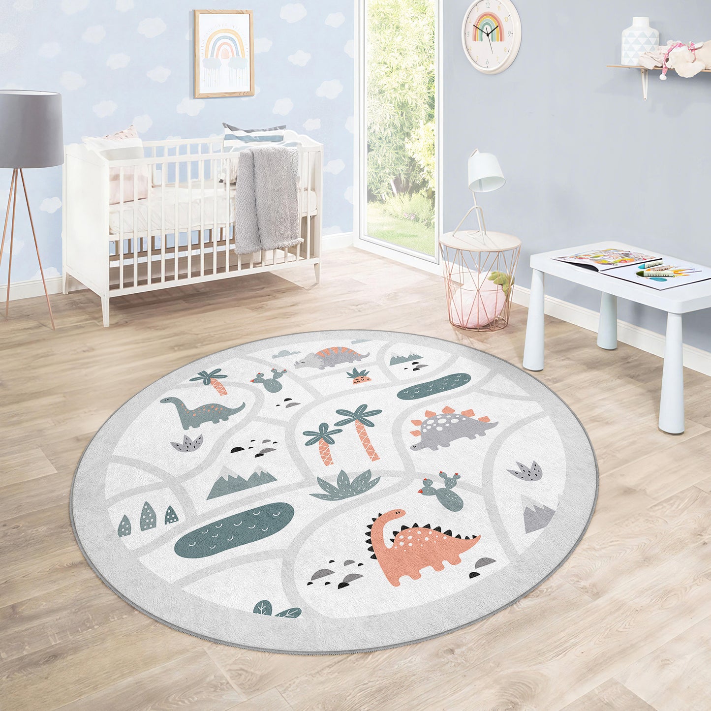 Dinosour Wild Jungle Design Washable Anti-Slip Kids Round Rug Multifunction as Non Slip Play Mat - Perfect for Bedrooms, Playrooms & Nurseries - Durable, Safe, & Easy to Clean for Boys & Girls 320