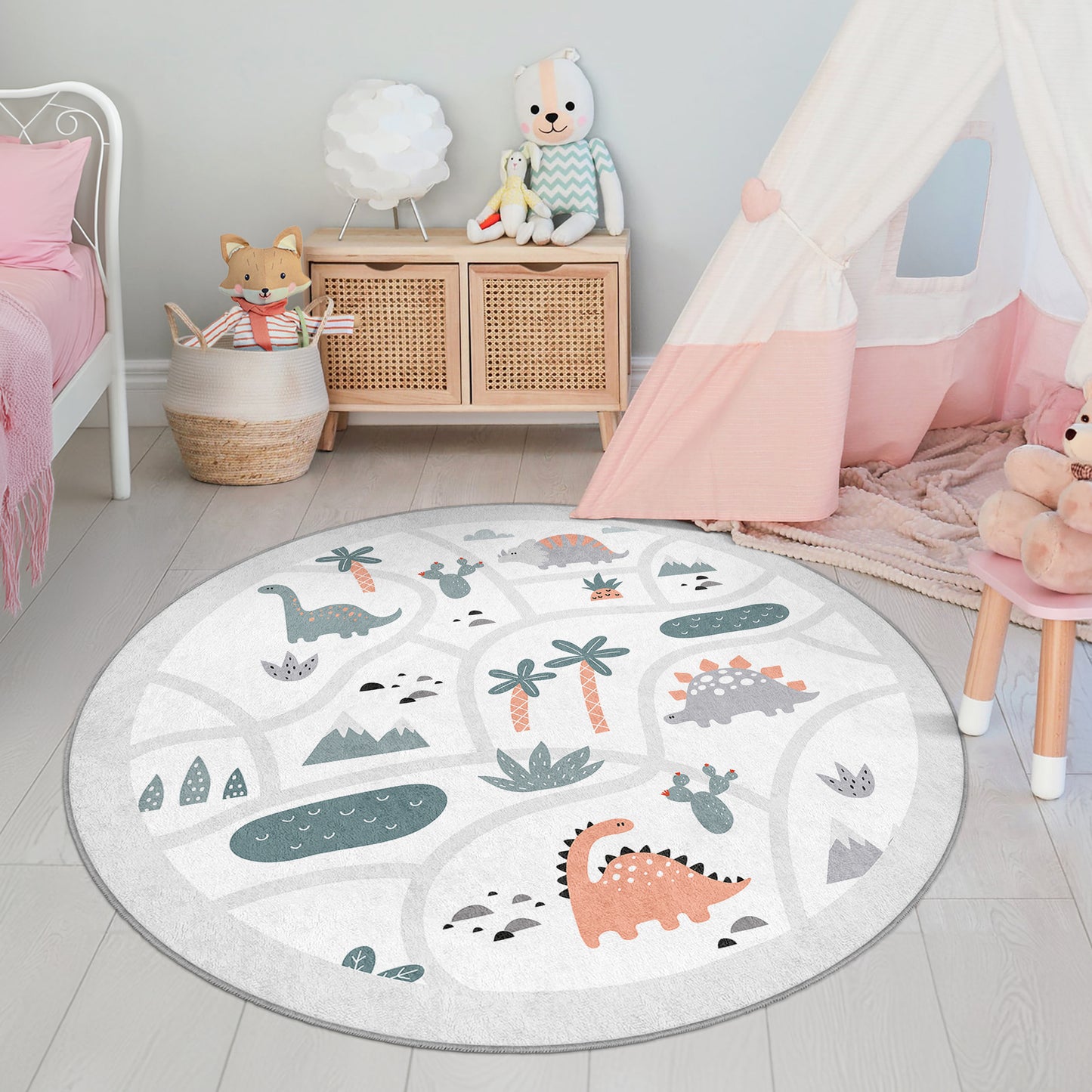 Dinosour Wild Jungle Design Washable Anti-Slip Kids Round Rug Multifunction as Non Slip Play Mat - Perfect for Bedrooms, Playrooms & Nurseries - Durable, Safe, & Easy to Clean for Boys & Girls 320