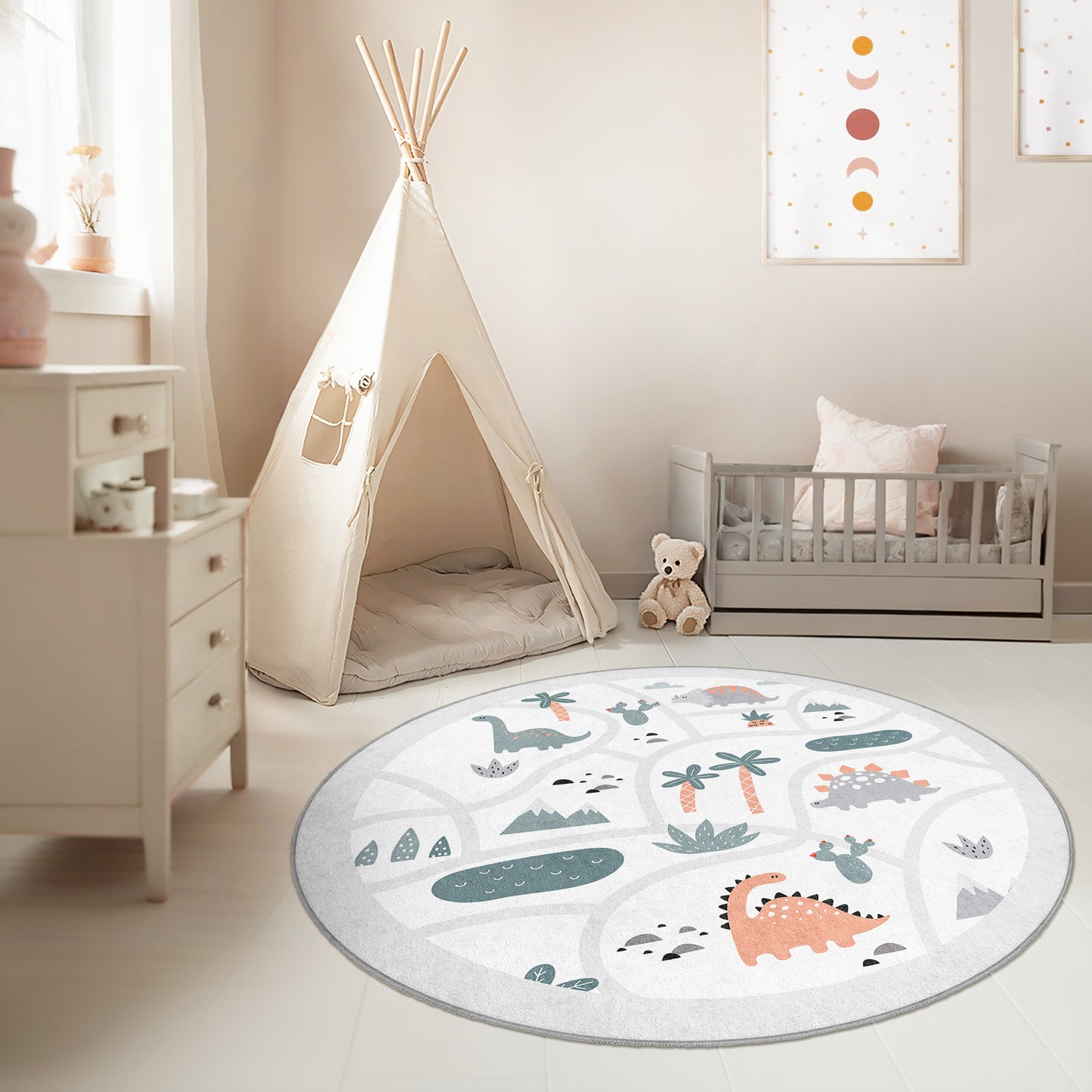 Dinosour Wild Jungle Design Washable Anti-Slip Kids Round Rug Multifunction as Non Slip Play Mat - Perfect for Bedrooms, Playrooms & Nurseries - Durable, Safe, & Easy to Clean for Boys & Girls 320
