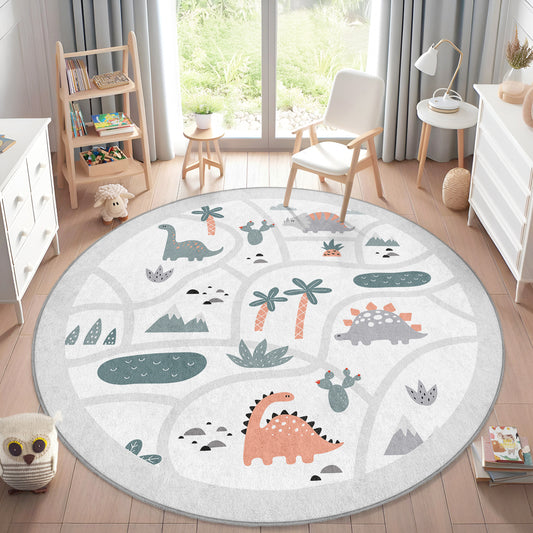 Dinosour Wild Jungle Design Washable Anti-Slip Kids Round Rug Multifunction as Non Slip Play Mat - Perfect for Bedrooms, Playrooms & Nurseries - Durable, Safe, & Easy to Clean for Boys & Girls 320