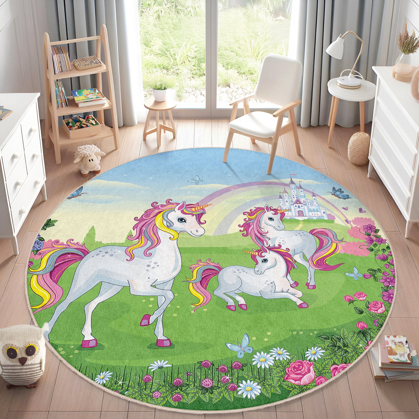 Ponny Love with Rainbow Colorful and Lovely Design Washable Anti-Slip Kids Round Rug Multifunction as Non Slip Play Mat - Perfect for Bedrooms, Playrooms & Nurseries - Durable, Safe, & Easy to Clean for Boys & Girls 321