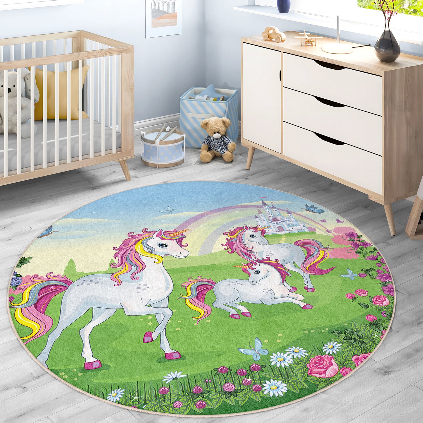Ponny Love with Rainbow Colorful and Lovely Design Washable Anti-Slip Kids Round Rug Multifunction as Non Slip Play Mat - Perfect for Bedrooms, Playrooms & Nurseries - Durable, Safe, & Easy to Clean for Boys & Girls 321