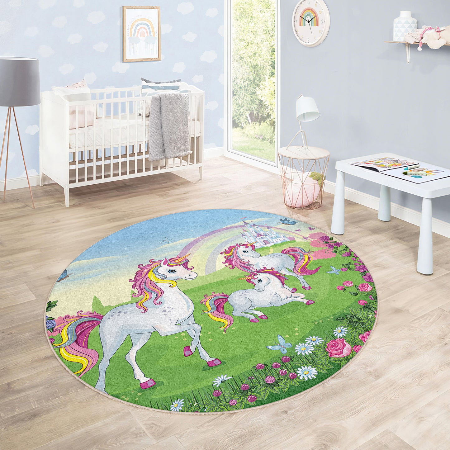 Ponny Love with Rainbow Colorful and Lovely Design Washable Anti-Slip Kids Round Rug Multifunction as Non Slip Play Mat - Perfect for Bedrooms, Playrooms & Nurseries - Durable, Safe, & Easy to Clean for Boys & Girls 321