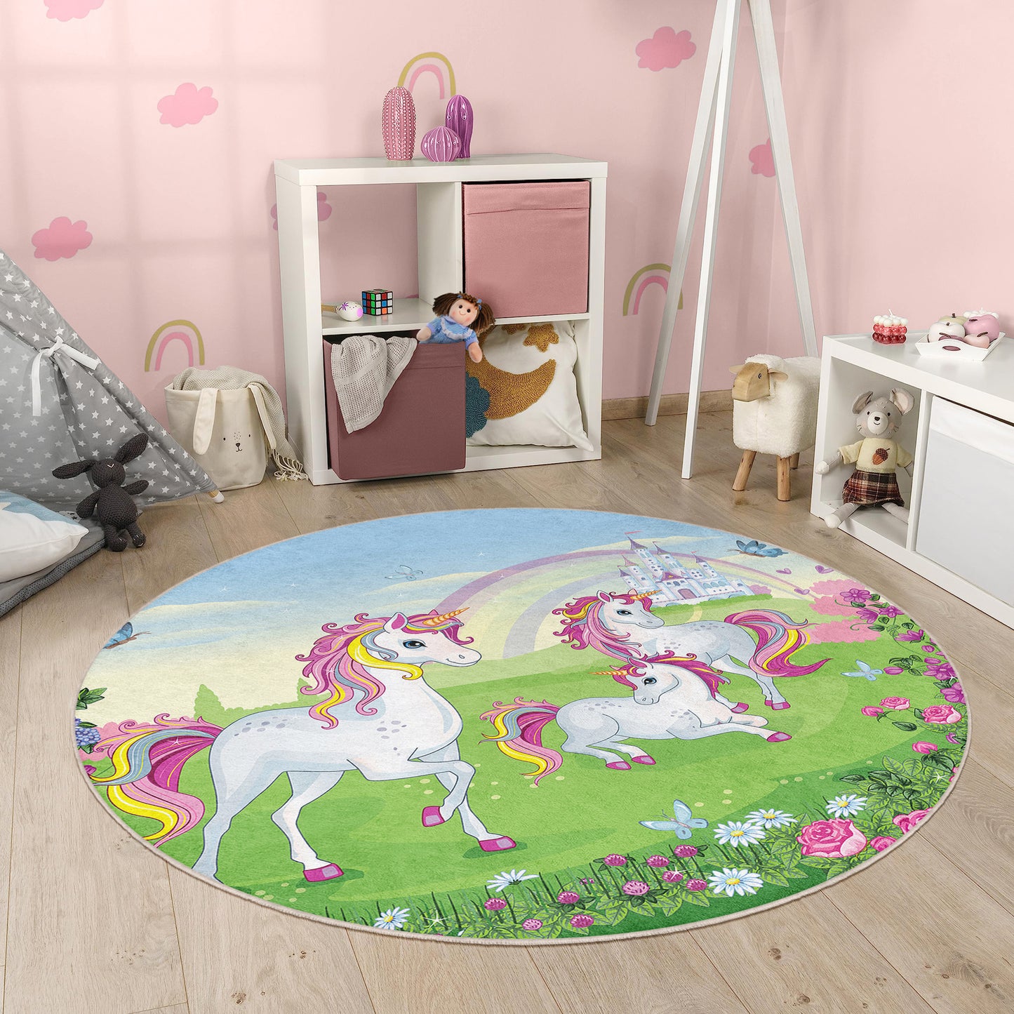 Ponny Love with Rainbow Colorful and Lovely Design Washable Anti-Slip Kids Round Rug Multifunction as Non Slip Play Mat - Perfect for Bedrooms, Playrooms & Nurseries - Durable, Safe, & Easy to Clean for Boys & Girls 321
