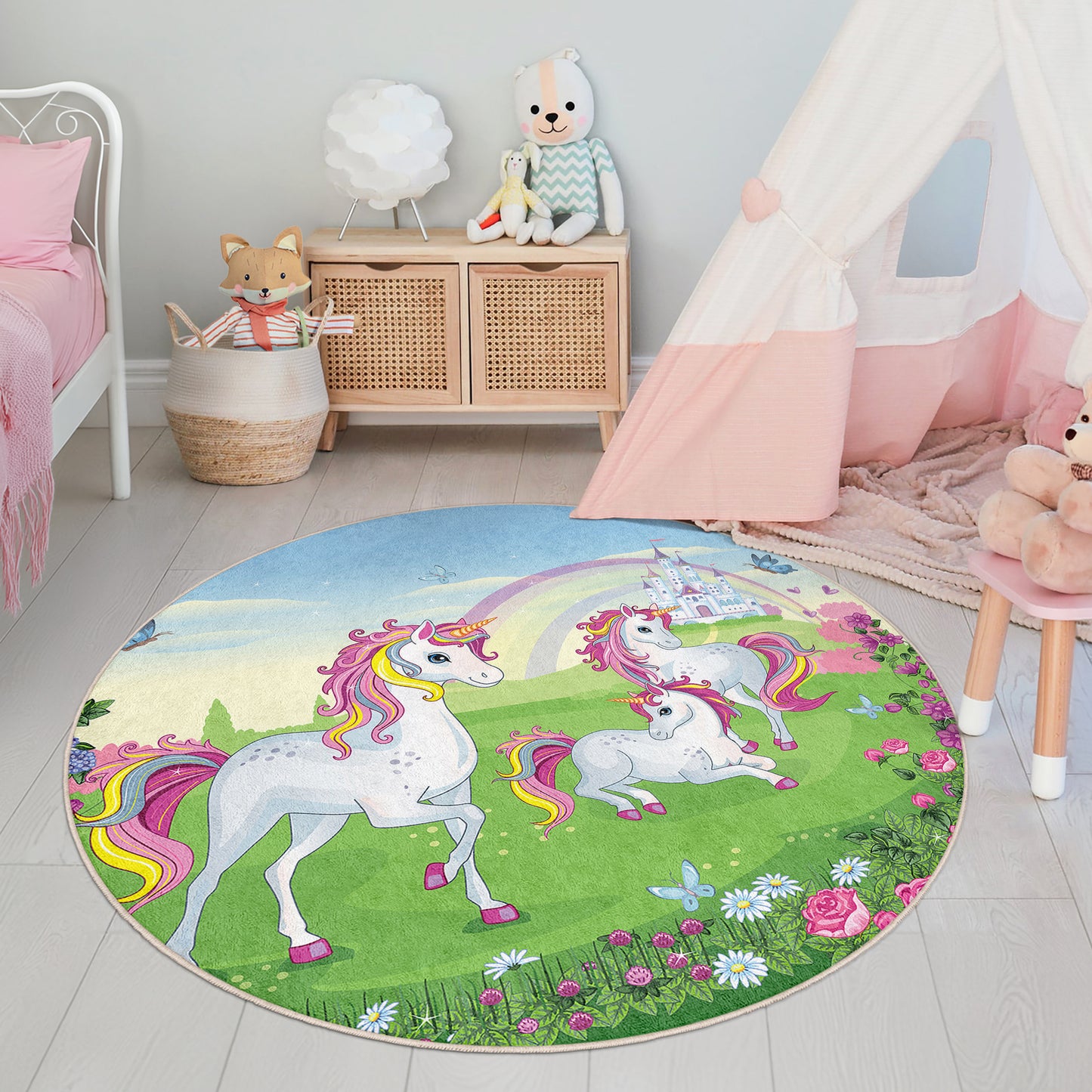 Ponny Love with Rainbow Colorful and Lovely Design Washable Anti-Slip Kids Round Rug Multifunction as Non Slip Play Mat - Perfect for Bedrooms, Playrooms & Nurseries - Durable, Safe, & Easy to Clean for Boys & Girls 321