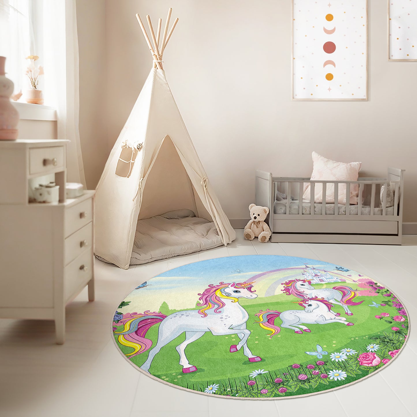 Ponny Love with Rainbow Colorful and Lovely Design Washable Anti-Slip Kids Round Rug Multifunction as Non Slip Play Mat - Perfect for Bedrooms, Playrooms & Nurseries - Durable, Safe, & Easy to Clean for Boys & Girls 321