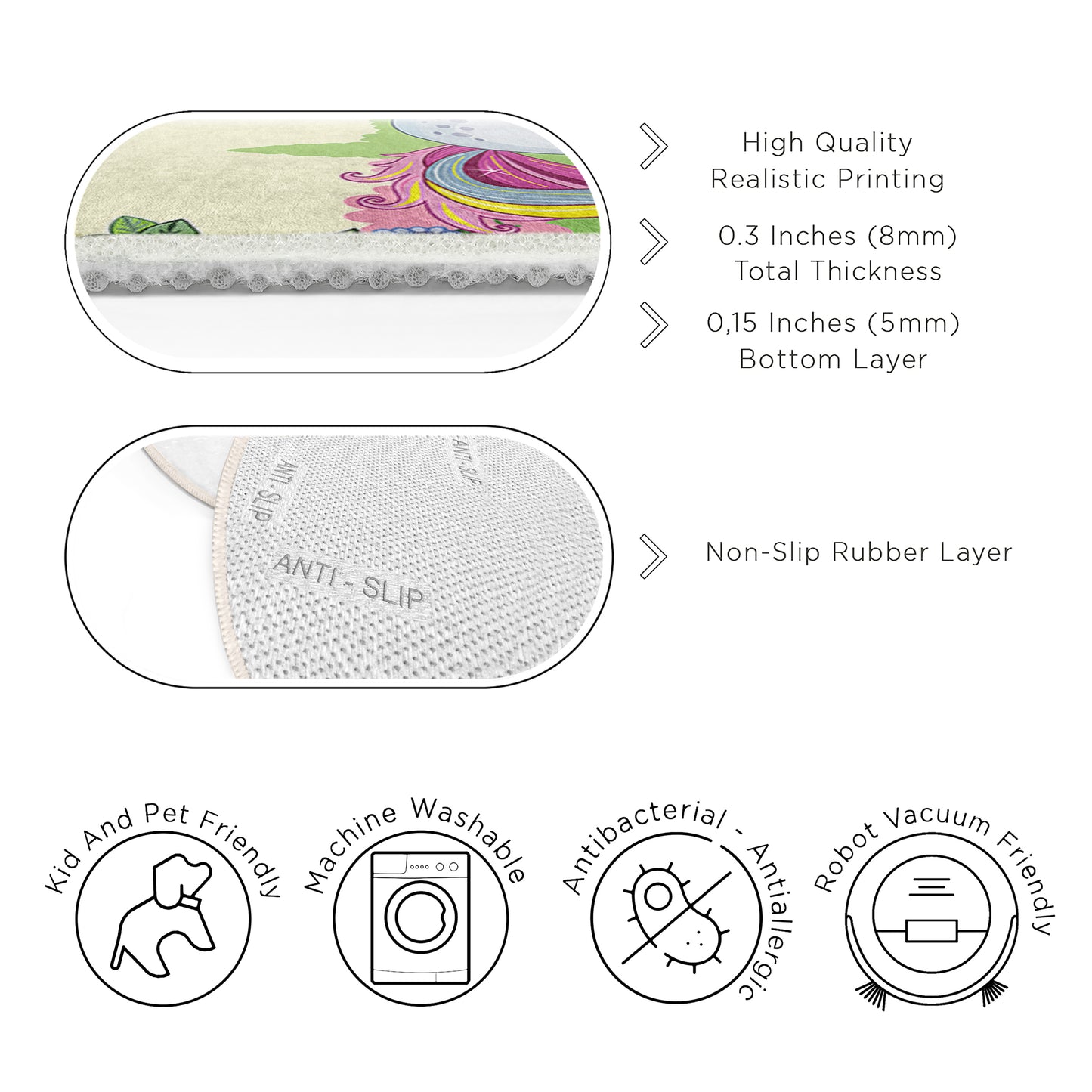 Ponny Love with Rainbow Colorful and Lovely Design Washable Anti-Slip Kids Round Rug Multifunction as Non Slip Play Mat - Perfect for Bedrooms, Playrooms & Nurseries - Durable, Safe, & Easy to Clean for Boys & Girls 321