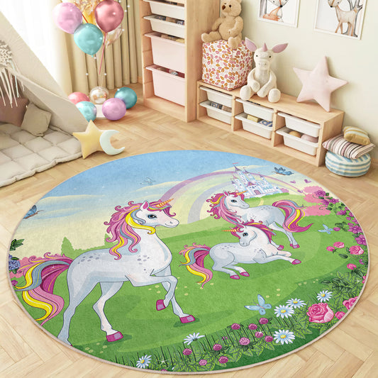 Ponny Love with Rainbow Colorful and Lovely Design Washable Anti-Slip Kids Round Rug Multifunction as Non Slip Play Mat - Perfect for Bedrooms, Playrooms & Nurseries - Durable, Safe, & Easy to Clean for Boys & Girls 321