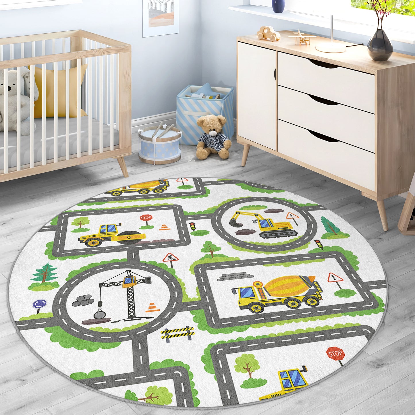 Construction Way for Boys Design Washable Anti-Slip Kids Round Rug Multifunction as Non Slip Play Mat - Perfect for Bedrooms, Playrooms & Nurseries - Durable, Safe, & Easy to Clean for Boys & Girls 322