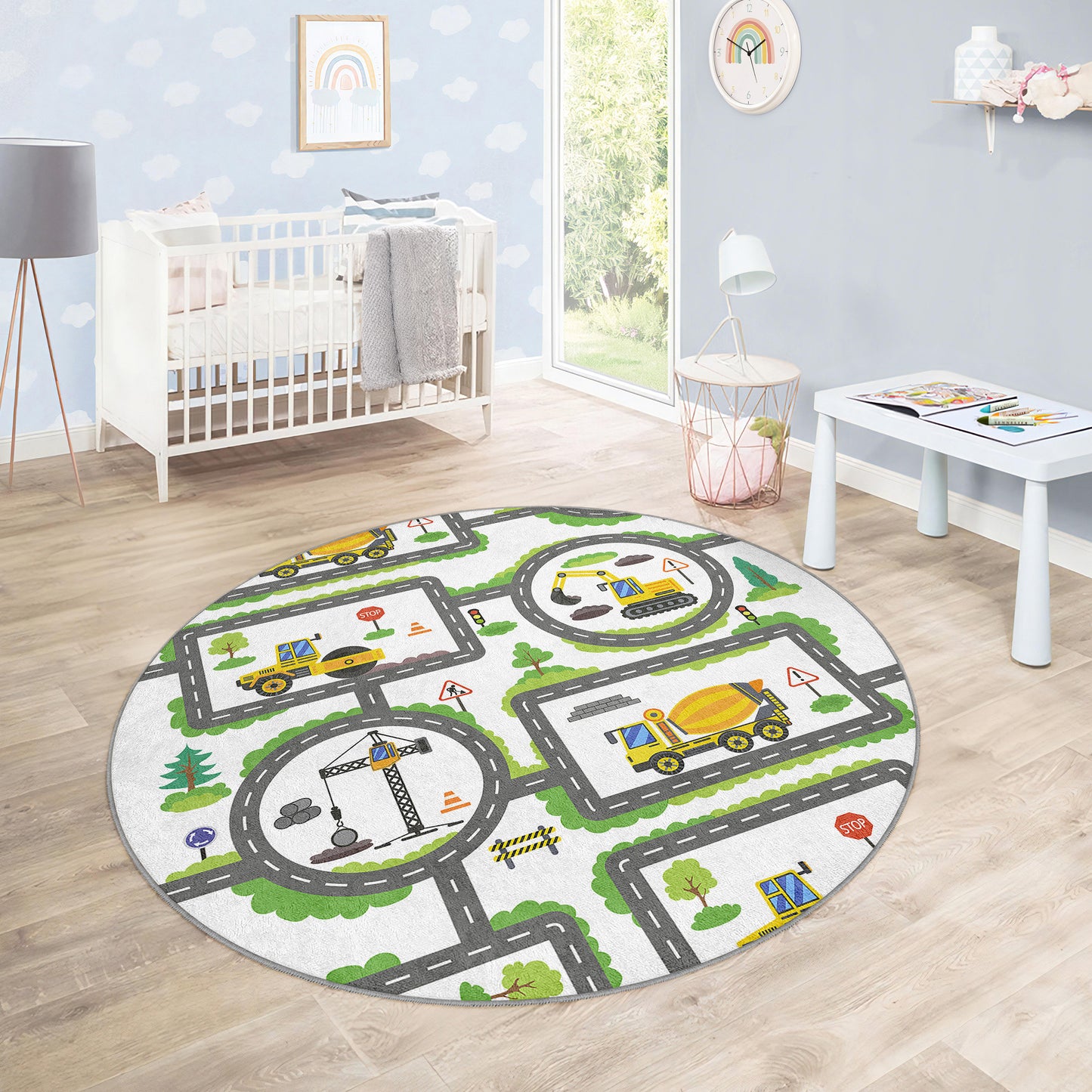 Construction Way for Boys Design Washable Anti-Slip Kids Round Rug Multifunction as Non Slip Play Mat - Perfect for Bedrooms, Playrooms & Nurseries - Durable, Safe, & Easy to Clean for Boys & Girls 322