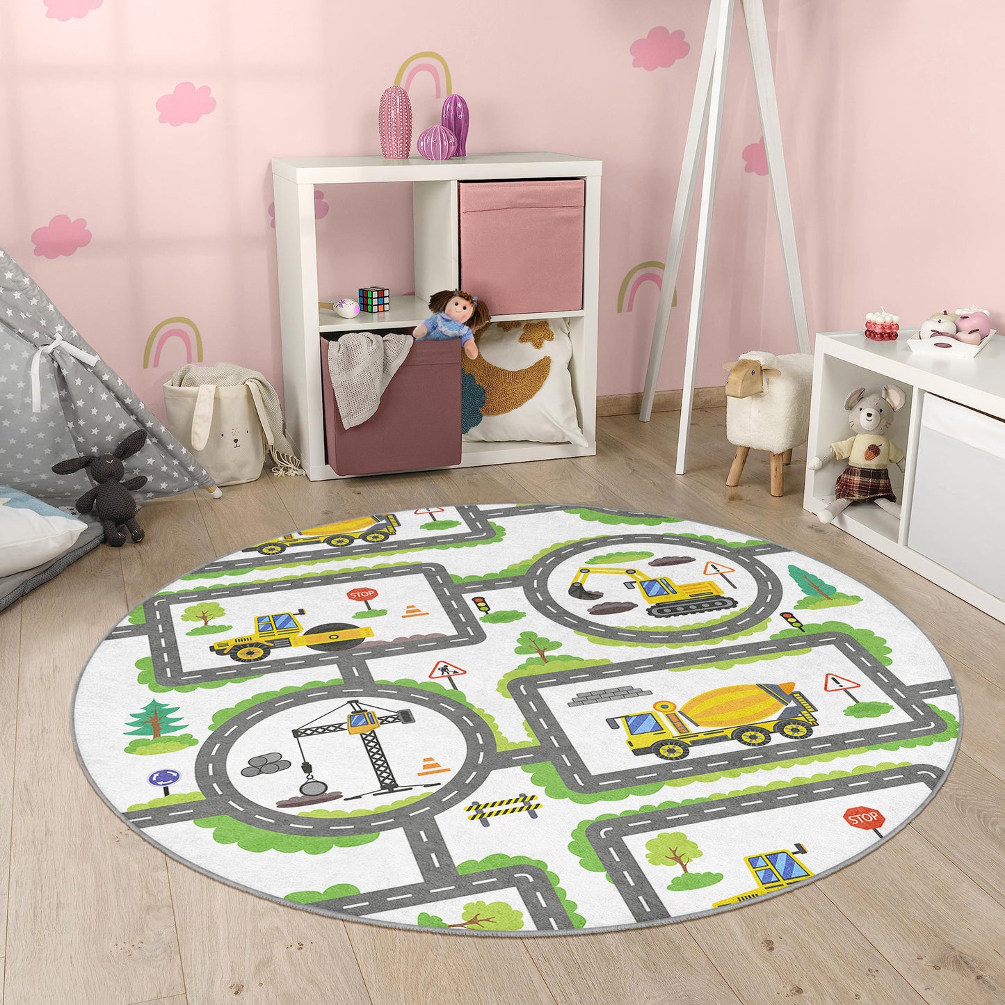Construction Way for Boys Design Washable Anti-Slip Kids Round Rug Multifunction as Non Slip Play Mat - Perfect for Bedrooms, Playrooms & Nurseries - Durable, Safe, & Easy to Clean for Boys & Girls 322