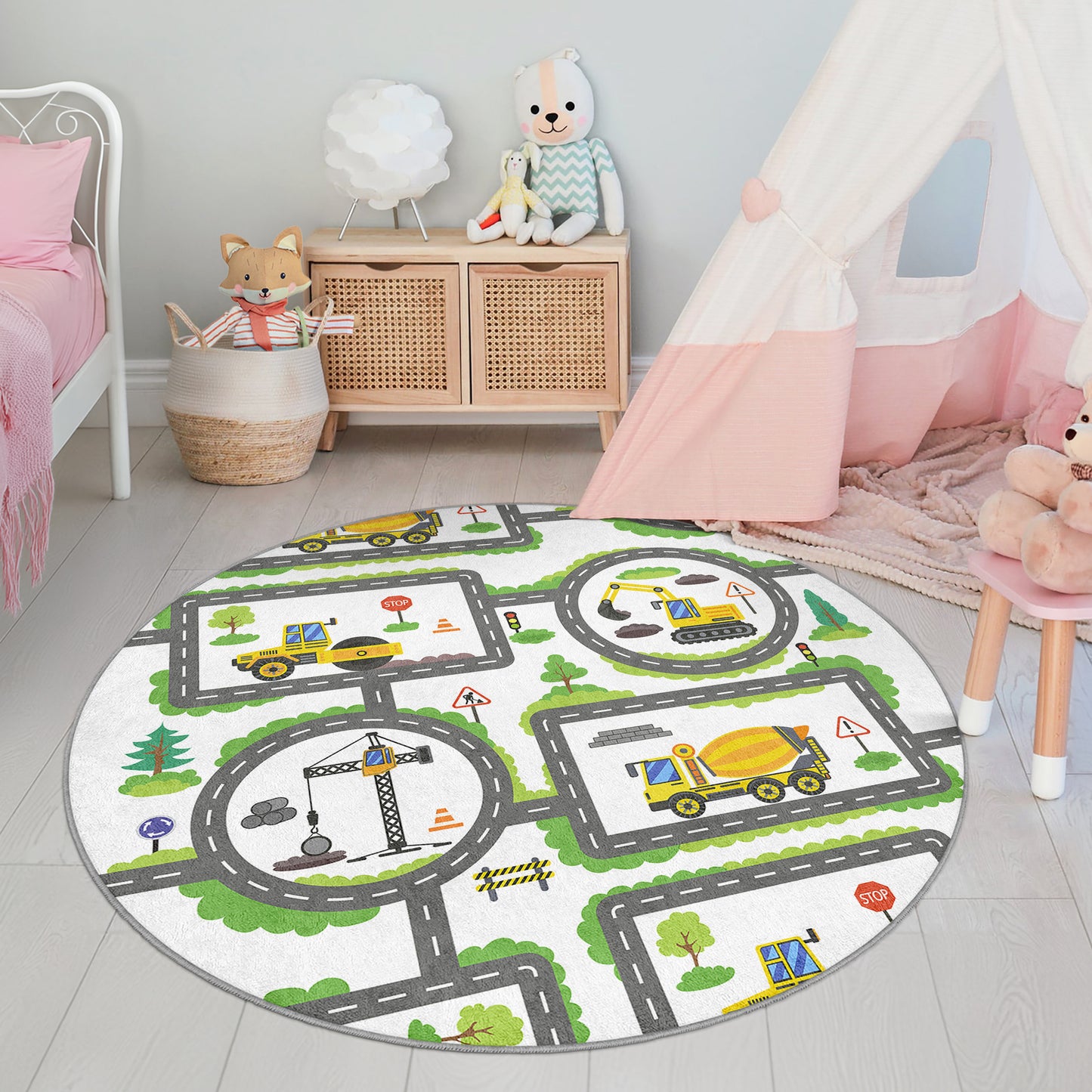 Construction Way for Boys Design Washable Anti-Slip Kids Round Rug Multifunction as Non Slip Play Mat - Perfect for Bedrooms, Playrooms & Nurseries - Durable, Safe, & Easy to Clean for Boys & Girls 322