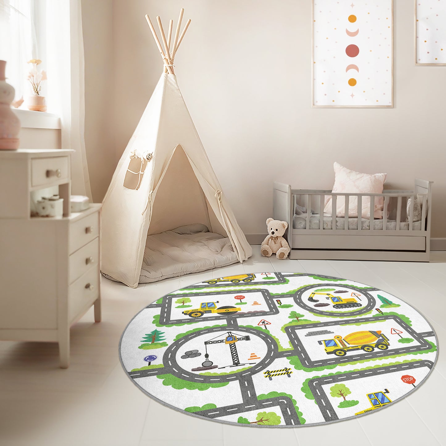 Construction Way for Boys Design Washable Anti-Slip Kids Round Rug Multifunction as Non Slip Play Mat - Perfect for Bedrooms, Playrooms & Nurseries - Durable, Safe, & Easy to Clean for Boys & Girls 322