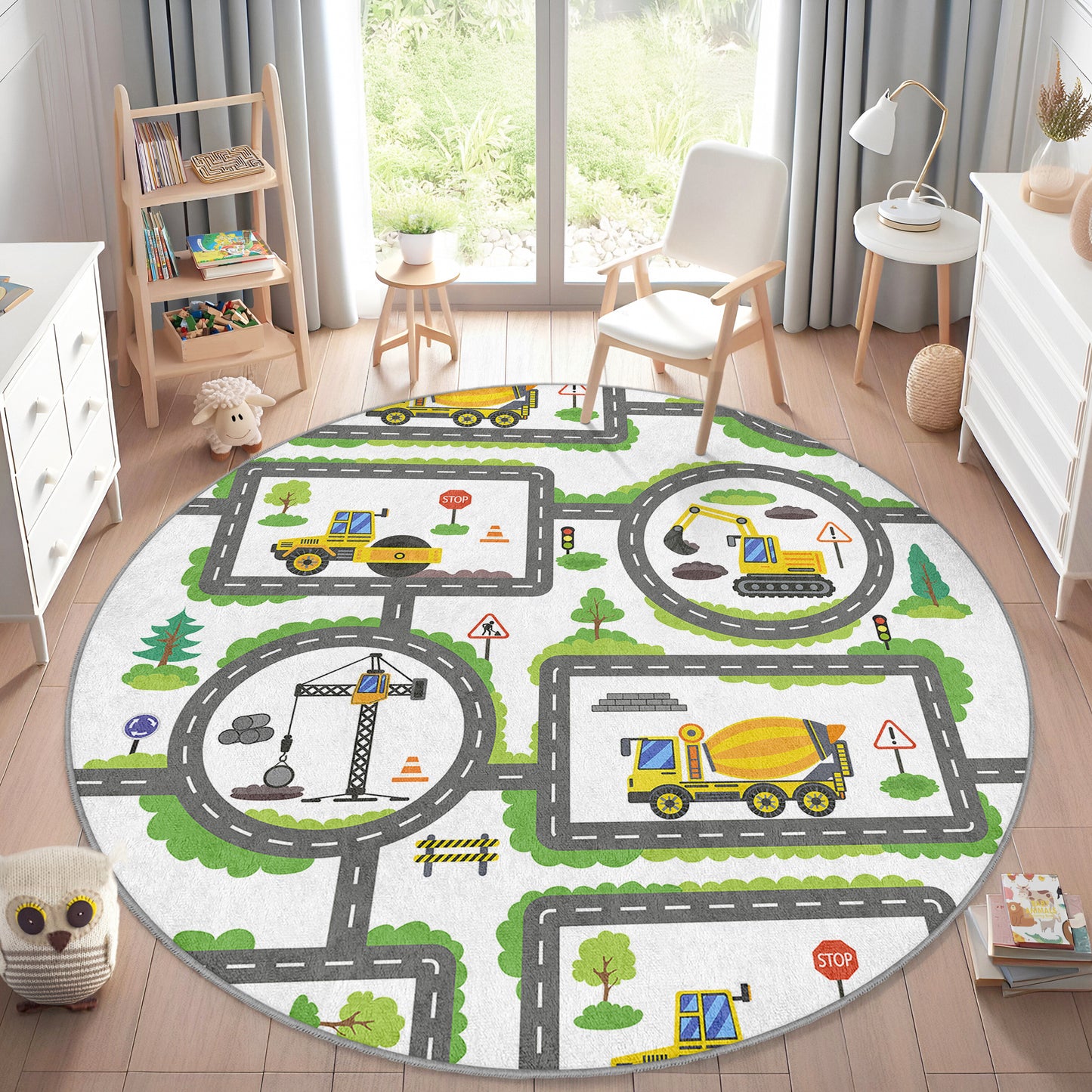 Construction Way for Boys Design Washable Anti-Slip Kids Round Rug Multifunction as Non Slip Play Mat - Perfect for Bedrooms, Playrooms & Nurseries - Durable, Safe, & Easy to Clean for Boys & Girls 322