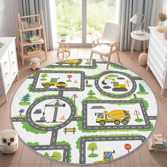 Construction Way for Boys Design Washable Anti-Slip Kids Round Rug Multifunction as Non Slip Play Mat - Perfect for Bedrooms, Playrooms & Nurseries - Durable, Safe, & Easy to Clean for Boys & Girls 322