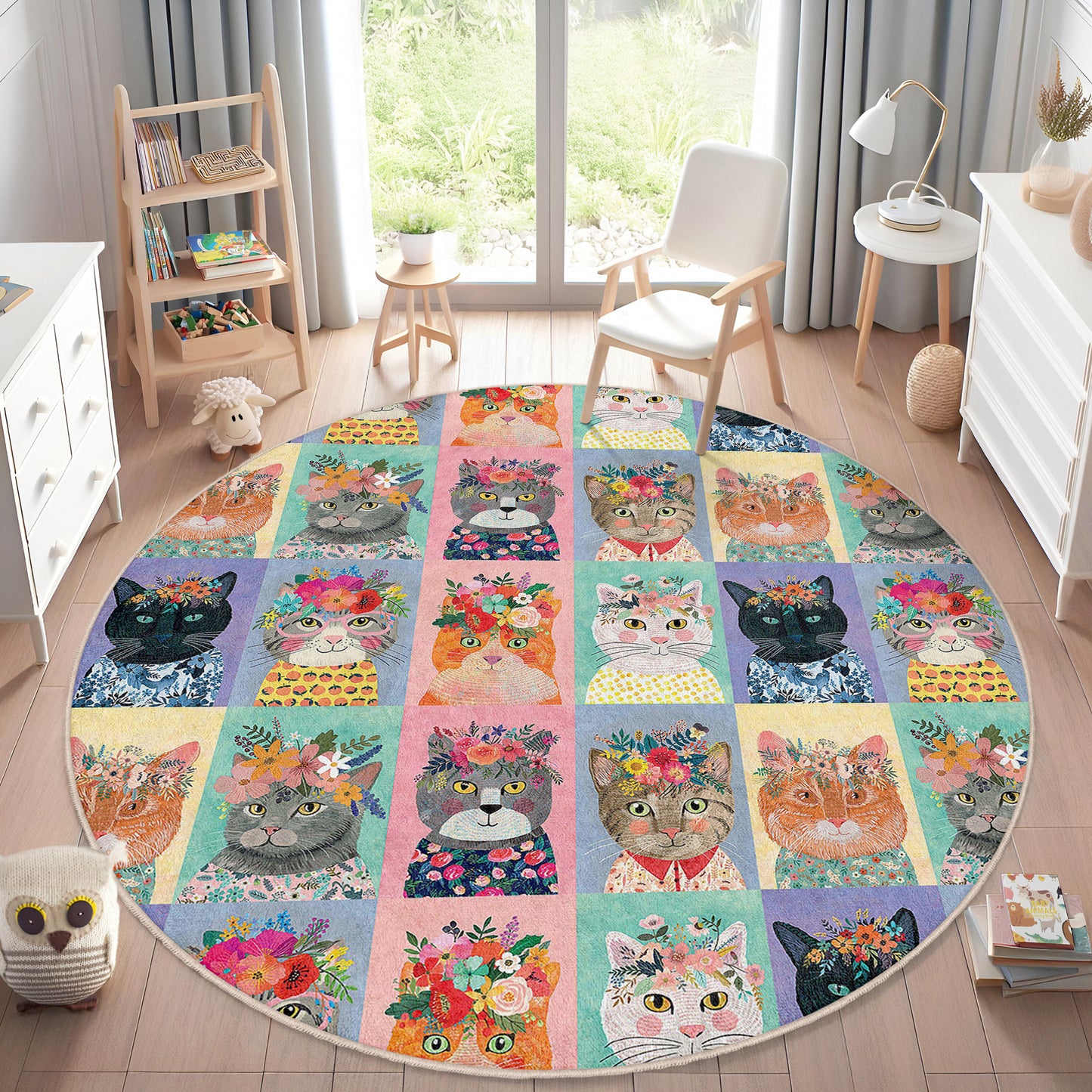 Lovely Cats and Pets Design Washable Anti-Slip Kids Round Rug Multifunction as Non Slip Play Mat - Perfect for Bedrooms, Playrooms & Nurseries - Durable, Safe, & Easy to Clean for Boys & Girls 323