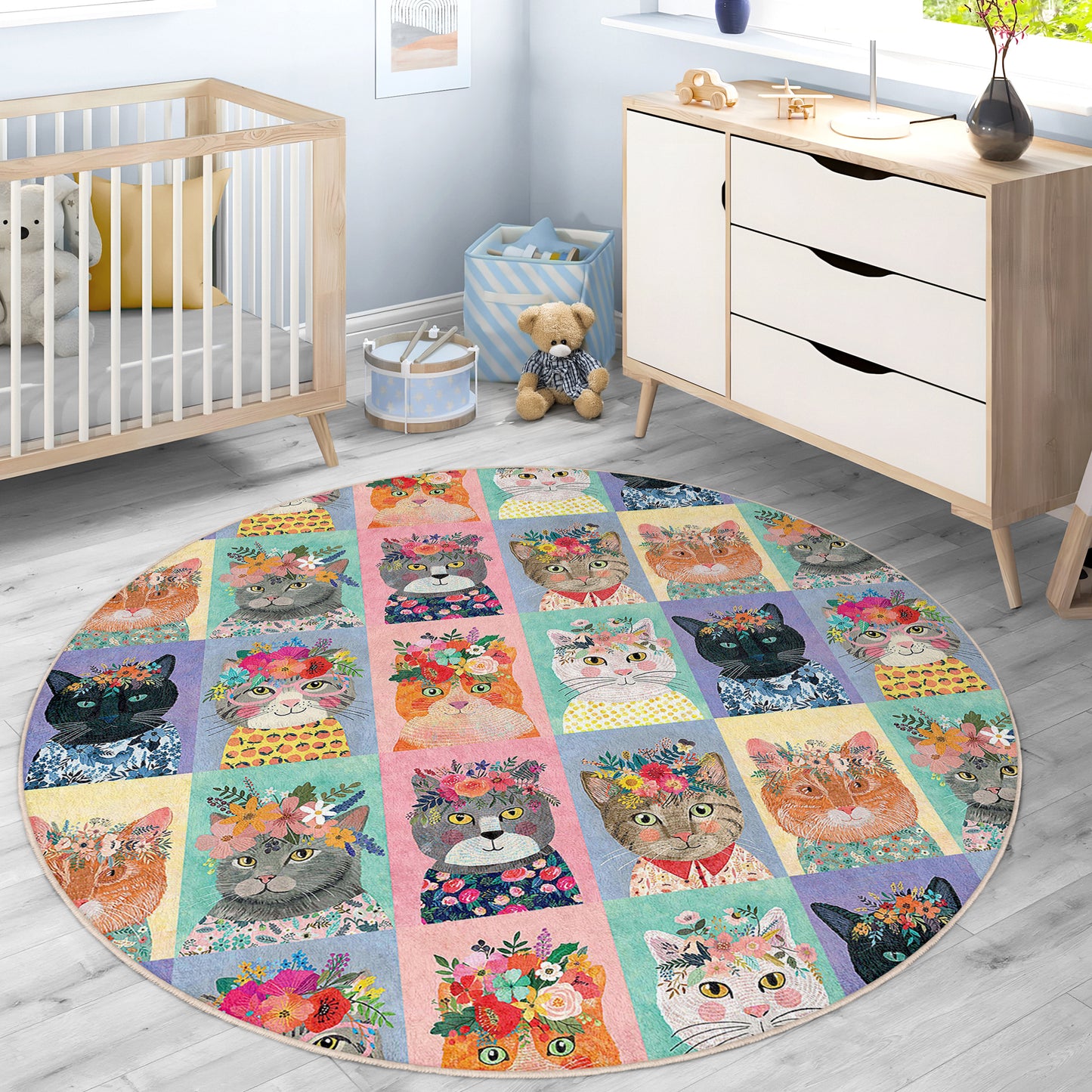Lovely Cats and Pets Design Washable Anti-Slip Kids Round Rug Multifunction as Non Slip Play Mat - Perfect for Bedrooms, Playrooms & Nurseries - Durable, Safe, & Easy to Clean for Boys & Girls 323