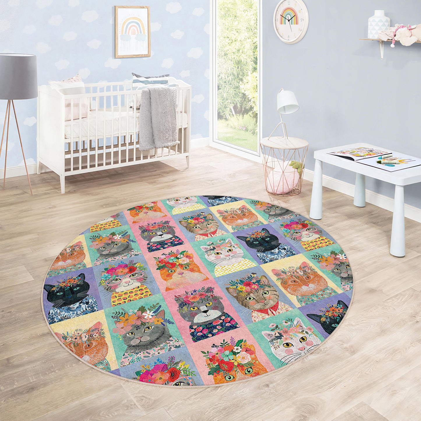 Lovely Cats and Pets Design Washable Anti-Slip Kids Round Rug Multifunction as Non Slip Play Mat - Perfect for Bedrooms, Playrooms & Nurseries - Durable, Safe, & Easy to Clean for Boys & Girls 323