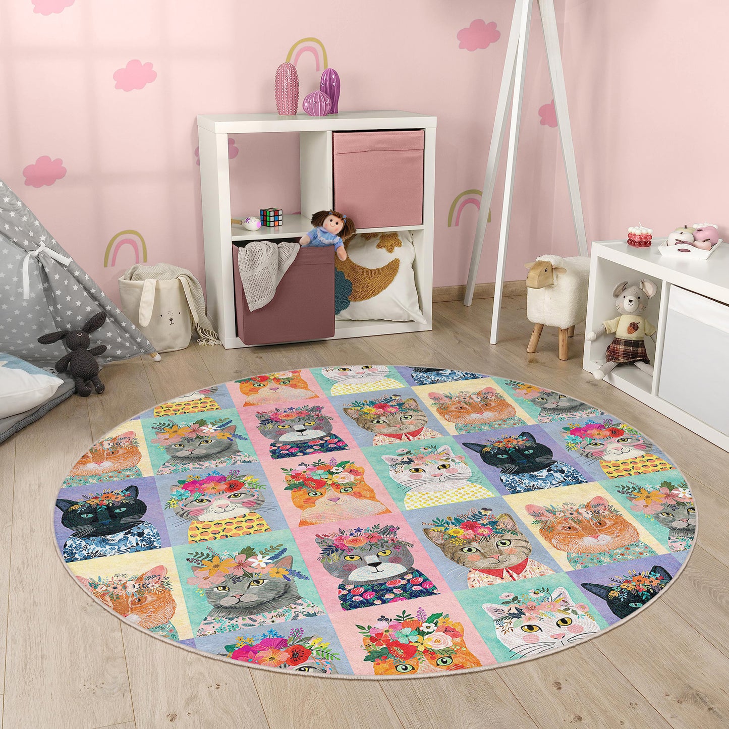Lovely Cats and Pets Design Washable Anti-Slip Kids Round Rug Multifunction as Non Slip Play Mat - Perfect for Bedrooms, Playrooms & Nurseries - Durable, Safe, & Easy to Clean for Boys & Girls 323