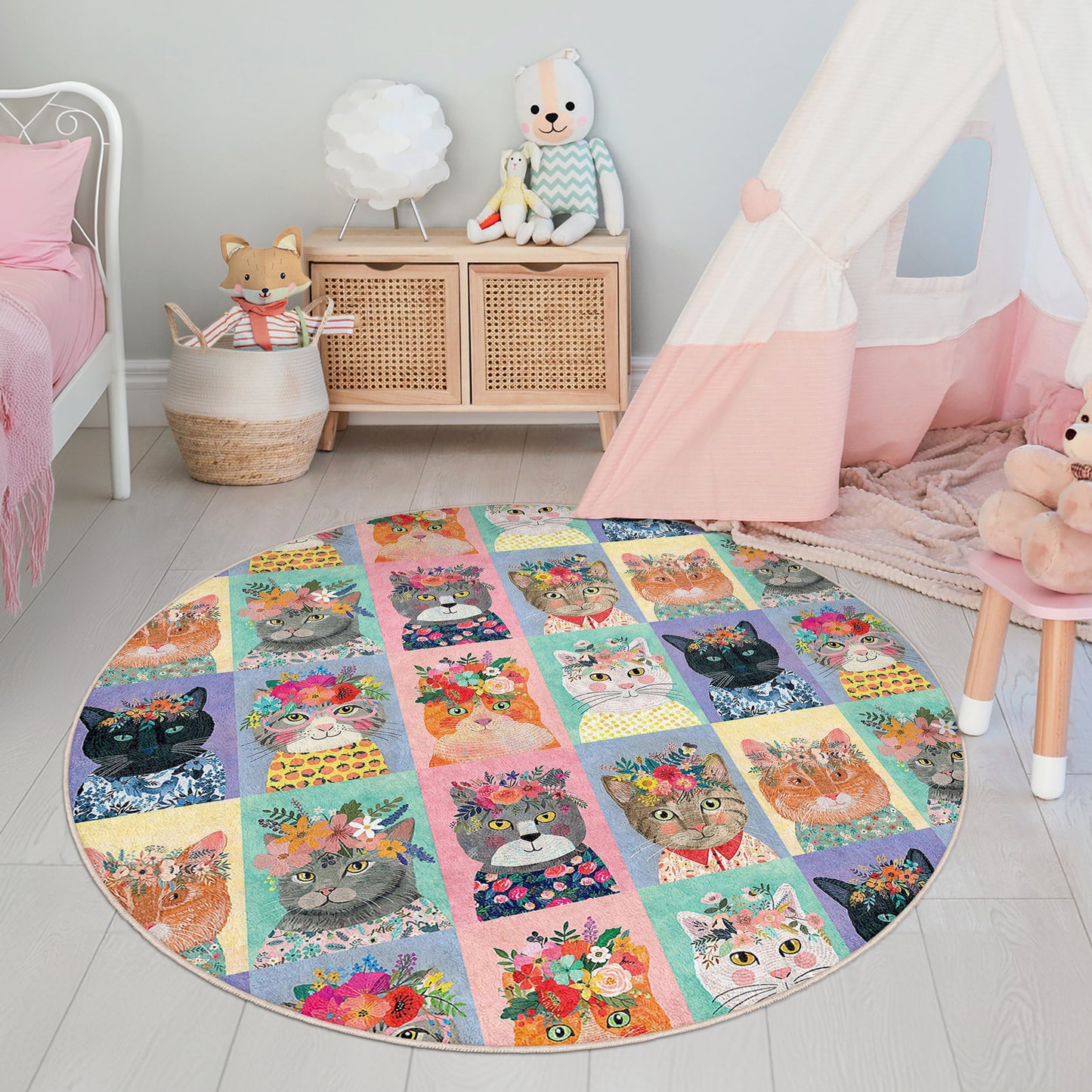 Lovely Cats and Pets Design Washable Anti-Slip Kids Round Rug Multifunction as Non Slip Play Mat - Perfect for Bedrooms, Playrooms & Nurseries - Durable, Safe, & Easy to Clean for Boys & Girls 323