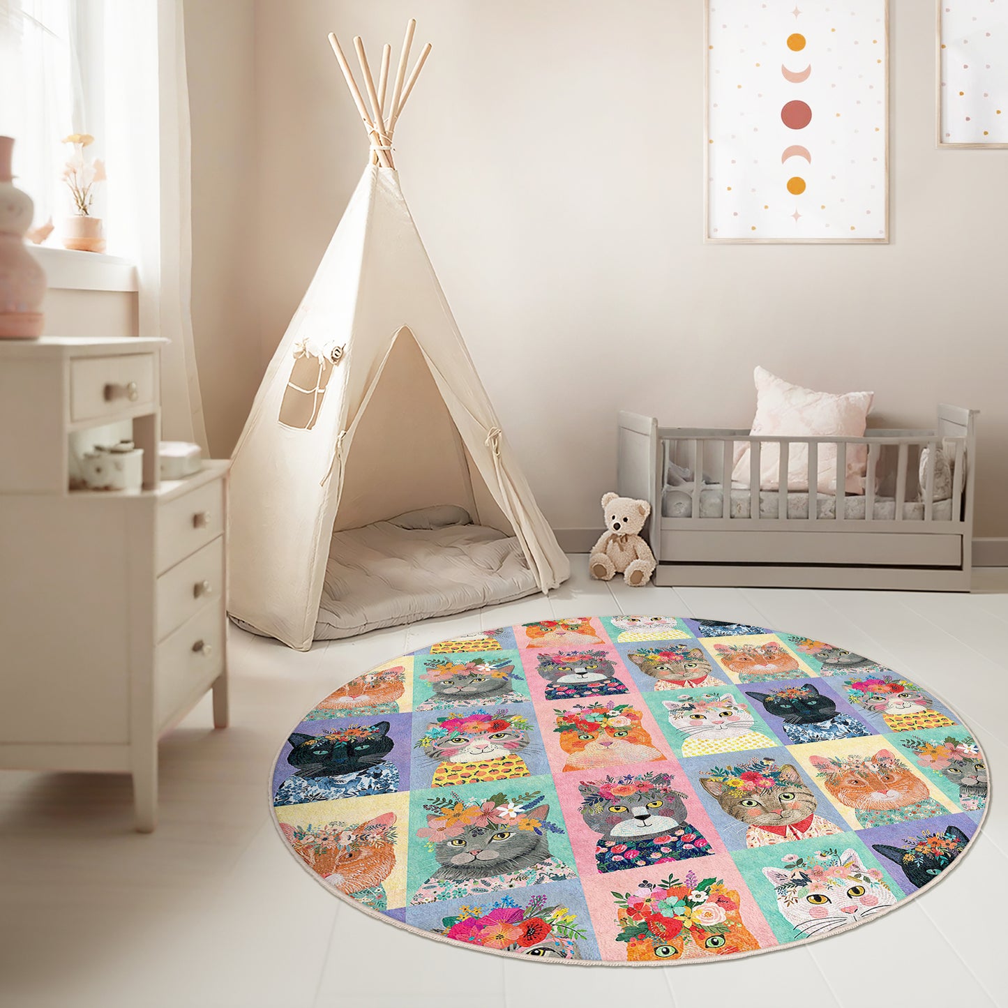 Lovely Cats and Pets Design Washable Anti-Slip Kids Round Rug Multifunction as Non Slip Play Mat - Perfect for Bedrooms, Playrooms & Nurseries - Durable, Safe, & Easy to Clean for Boys & Girls 323